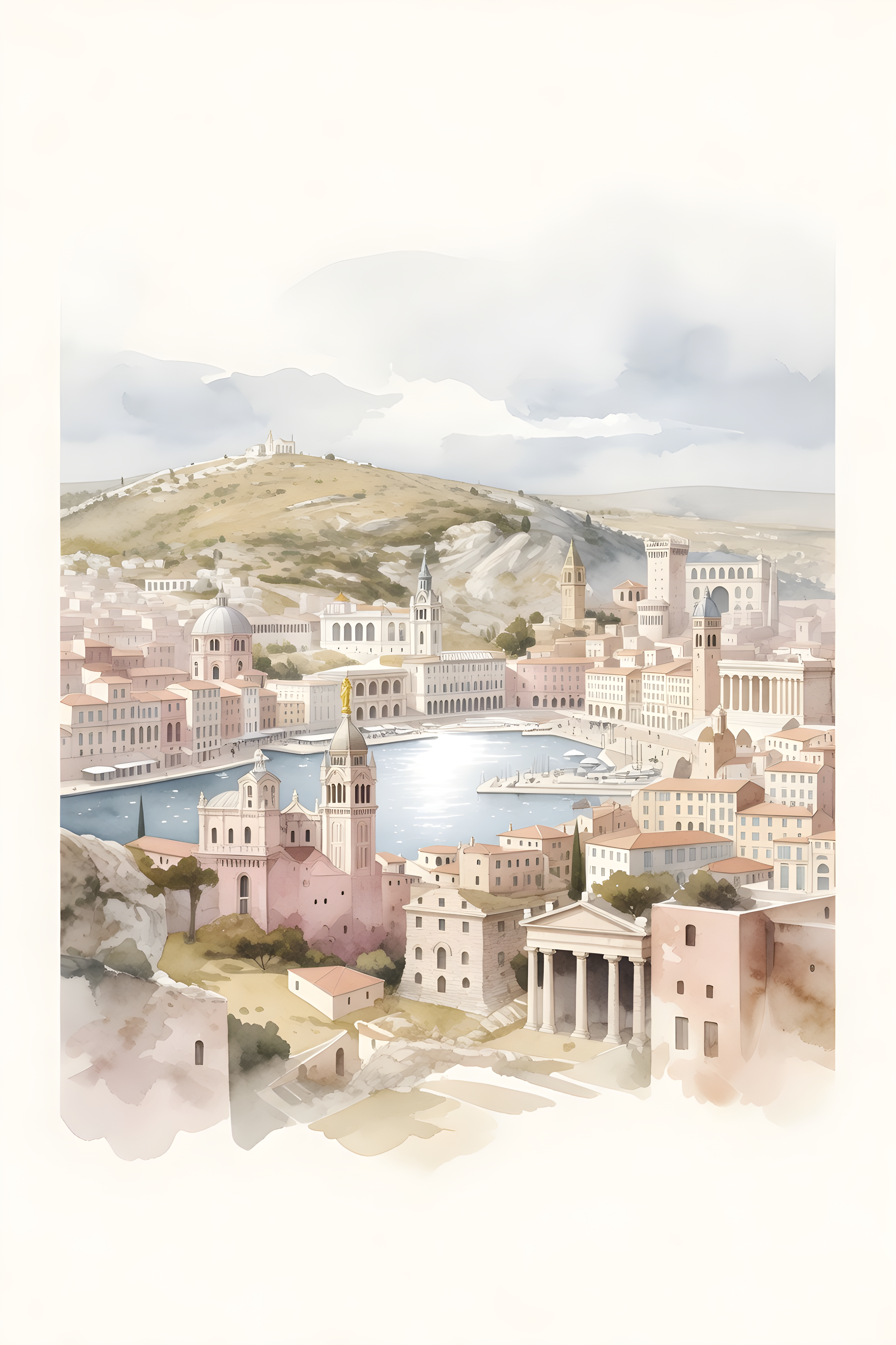 Watercolour landscape poster of Marseille — warm minimalist design, from €19