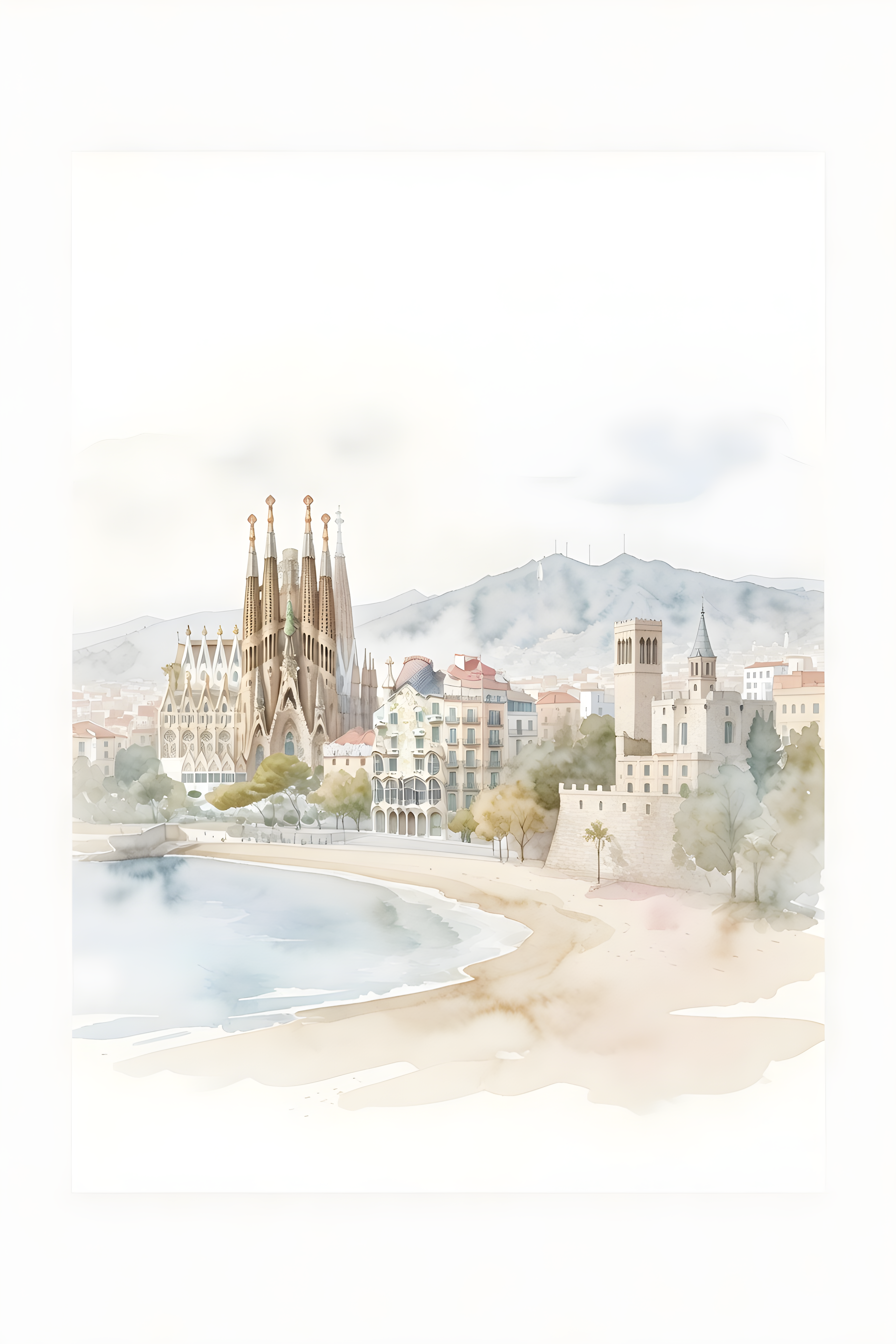 Watercolour landscape poster of Barcelona — warm minimalist design, from €19