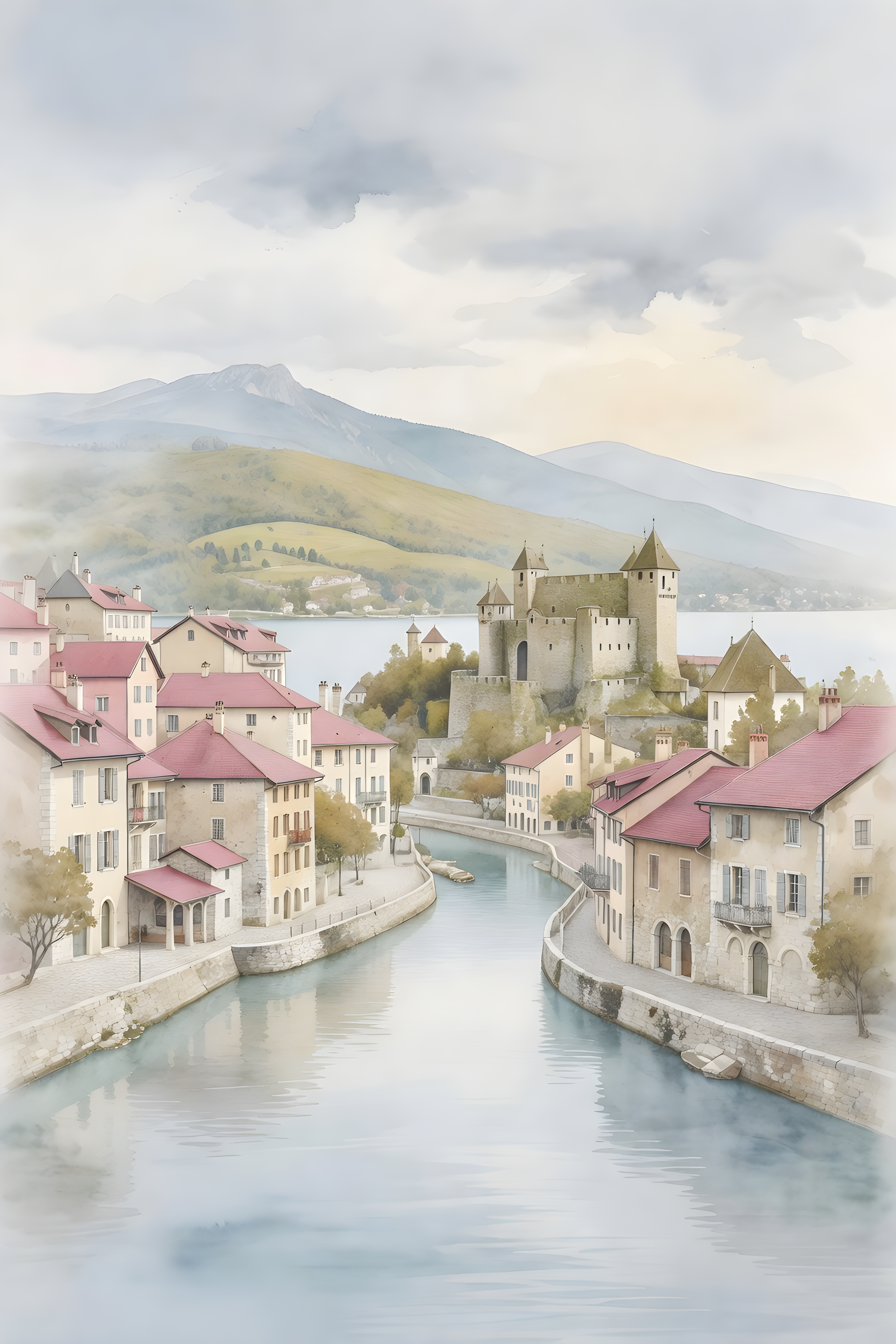 Watercolour landscape-Poster von Annecy — warmes minimalistisches Motiv, ab 19 €