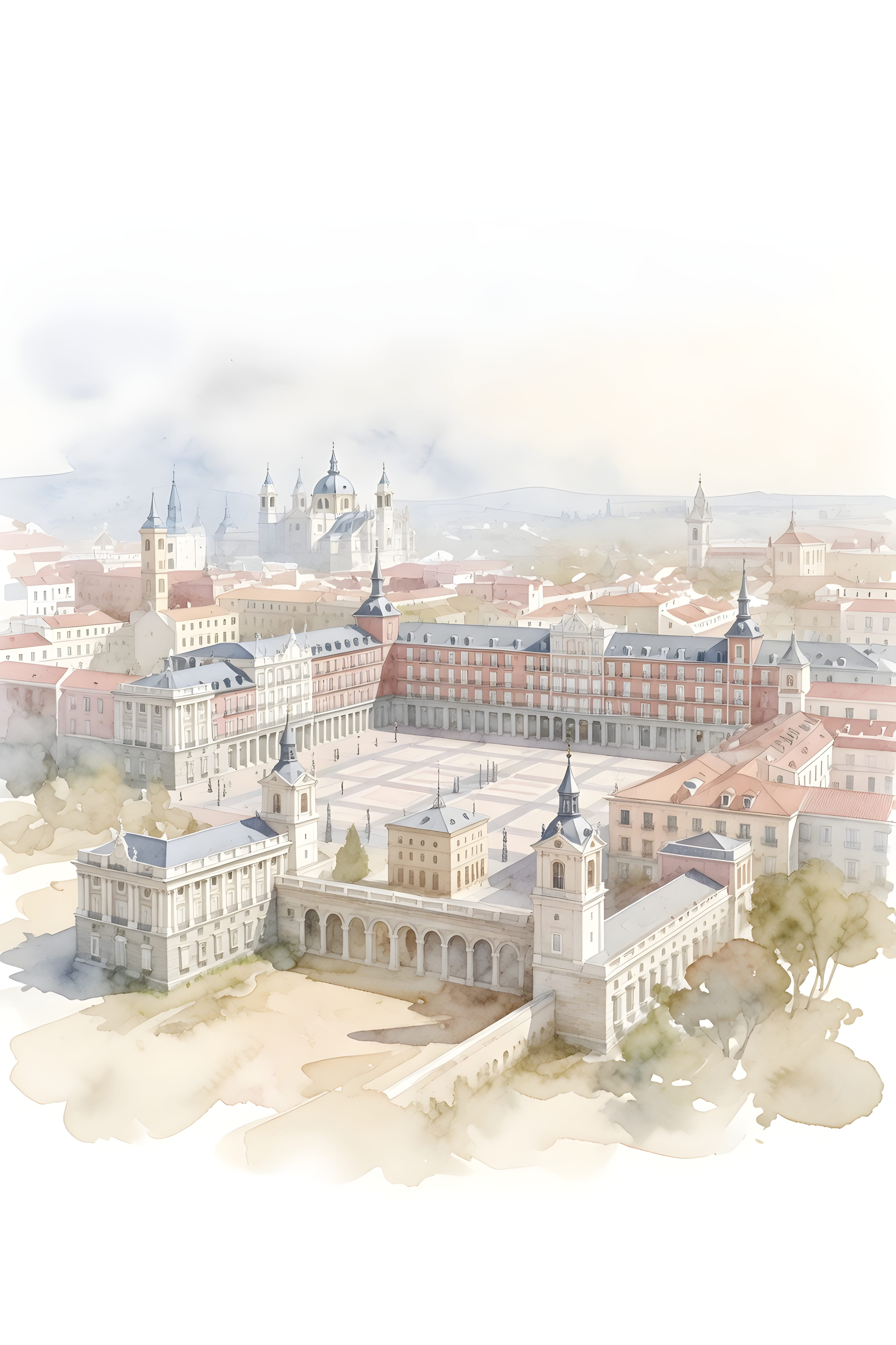 Watercolour landscape poster of Madrid — warm minimalist design, from €19