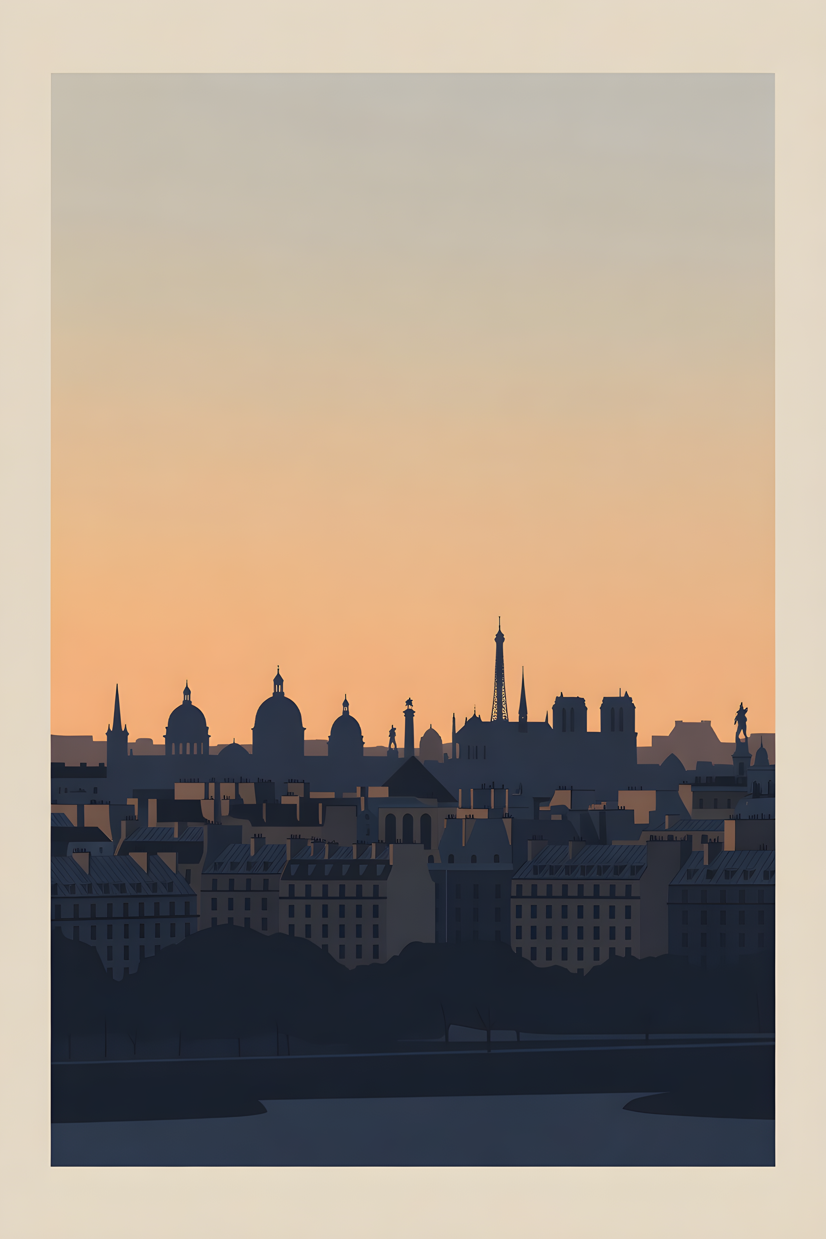 Silhouette skyline poster of Paris — warm minimalist design, from €19