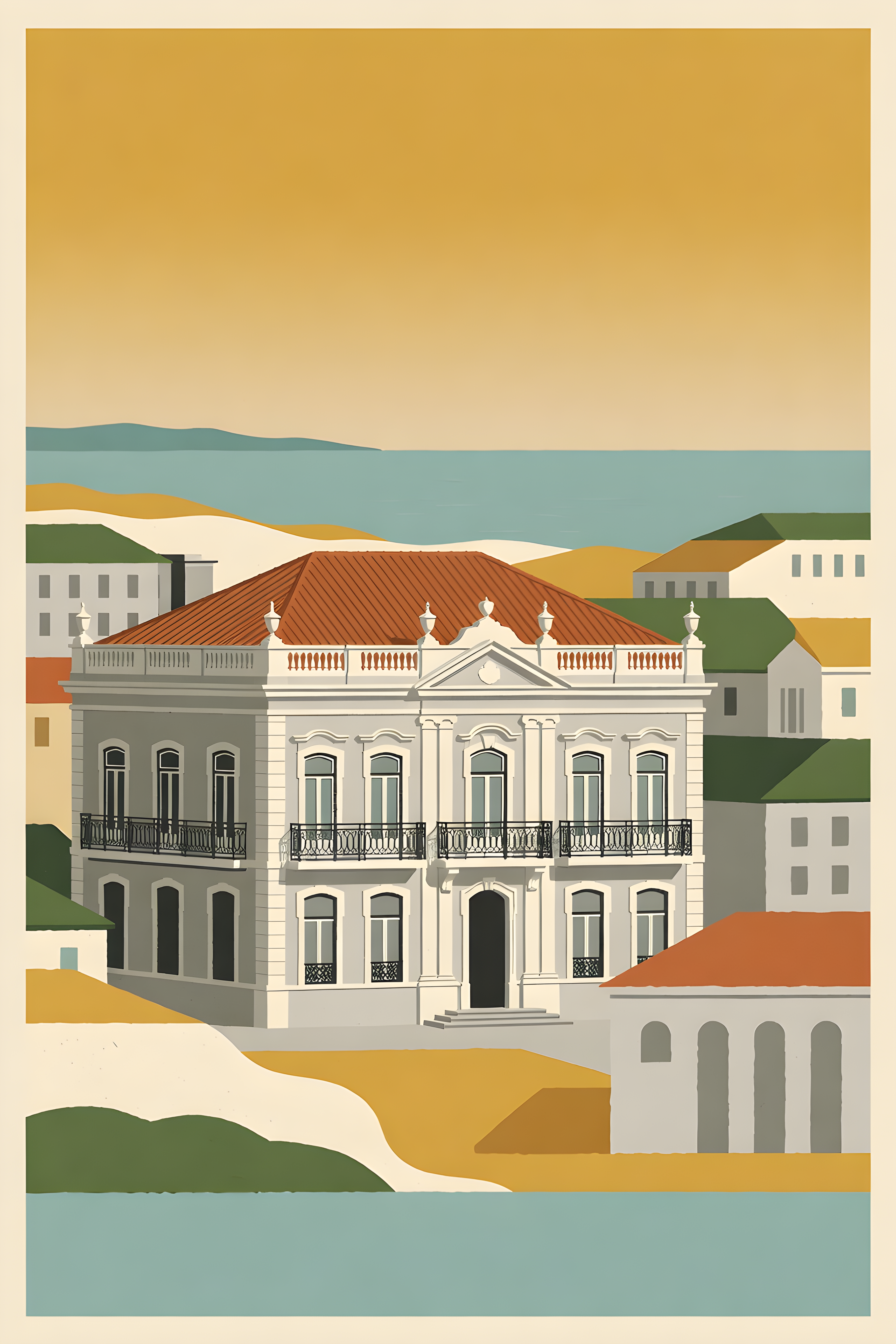 Mid-century modern poster of Marinha Grande — warm minimalist design, from €19