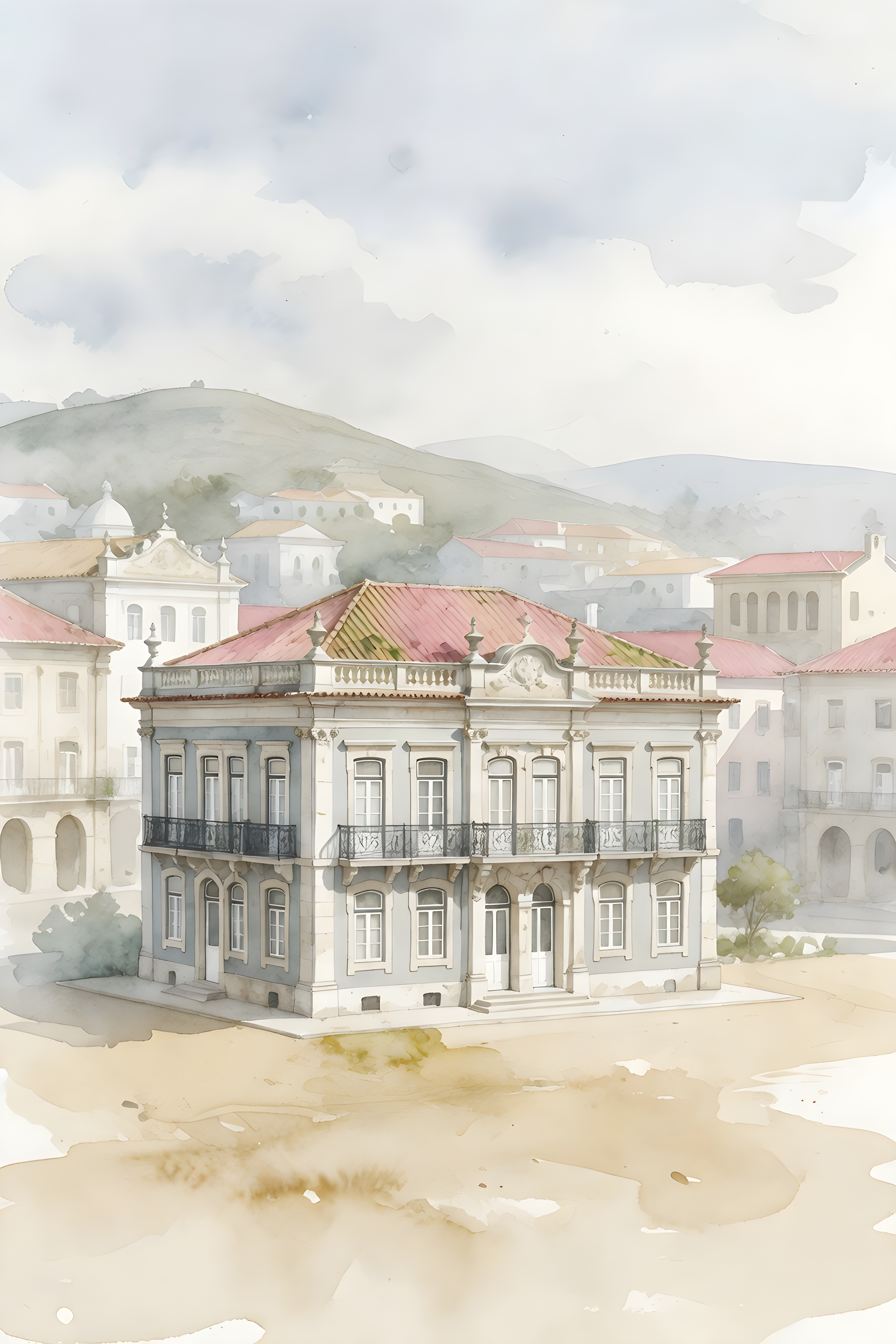 Watercolour landscape poster of Marinha Grande — warm minimalist design, from €19