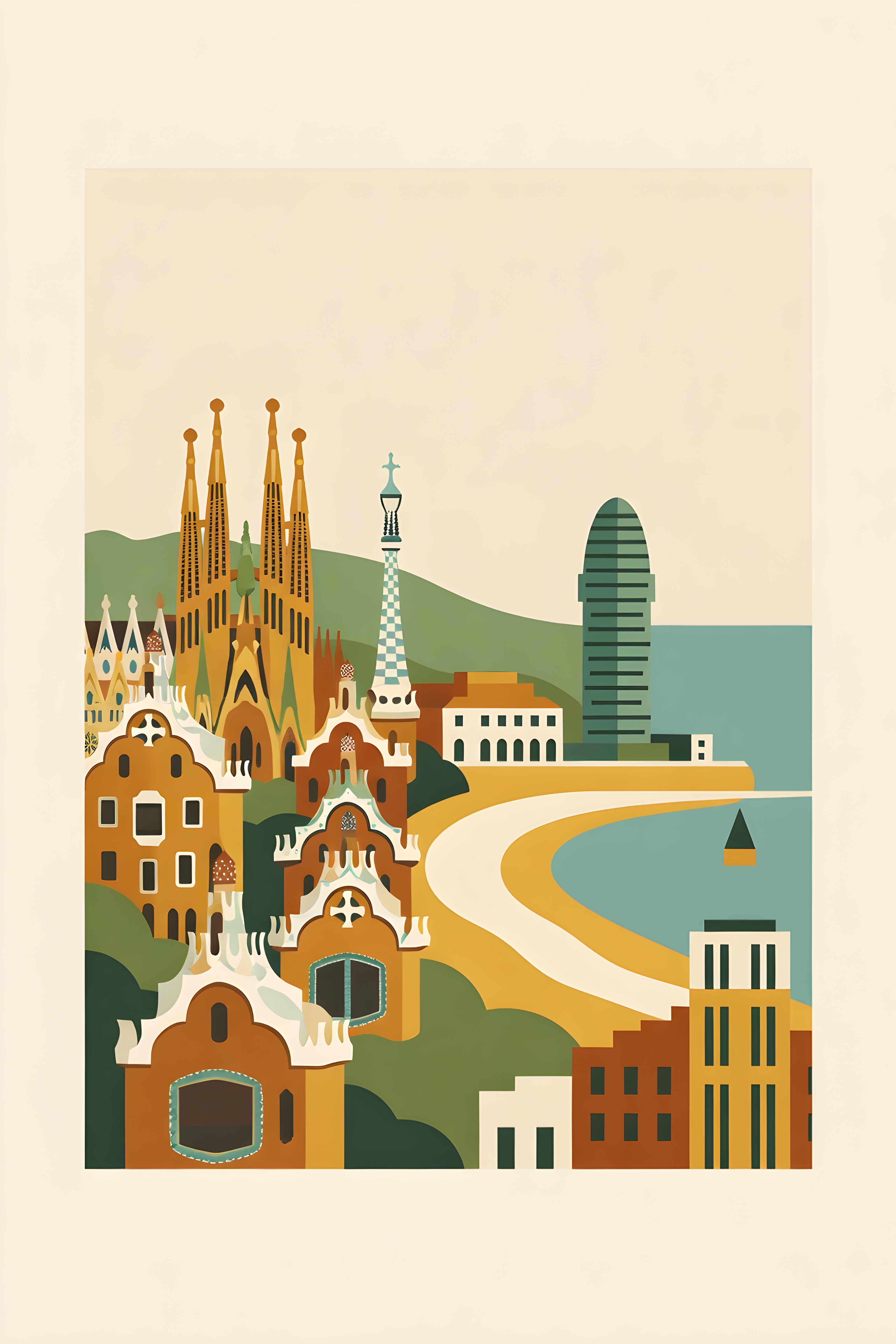 Mid-century modern poster of Barcelona — warm minimalist design, from €19