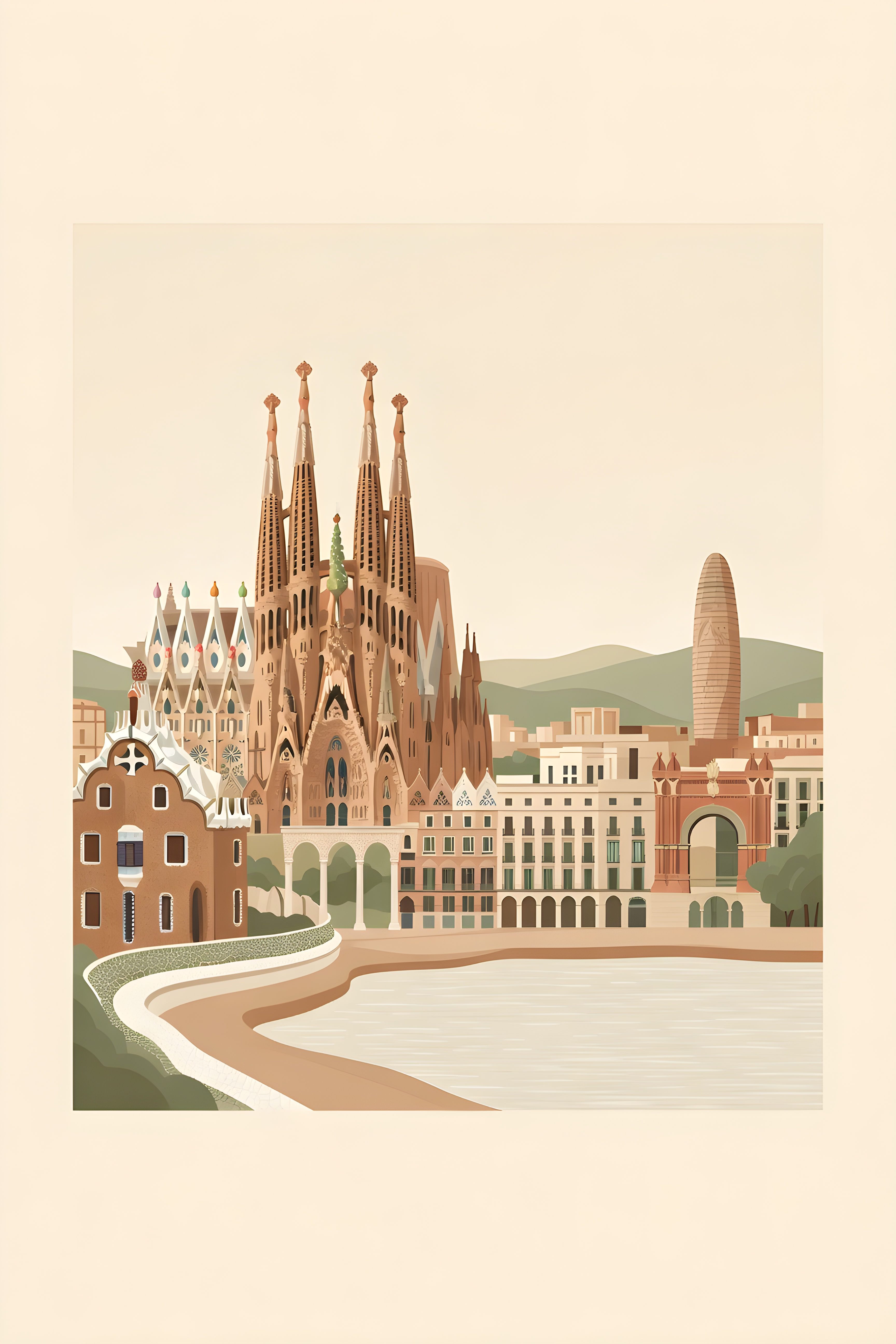 Flat vector illustration poster of Barcelona — warm minimalist design, from €19