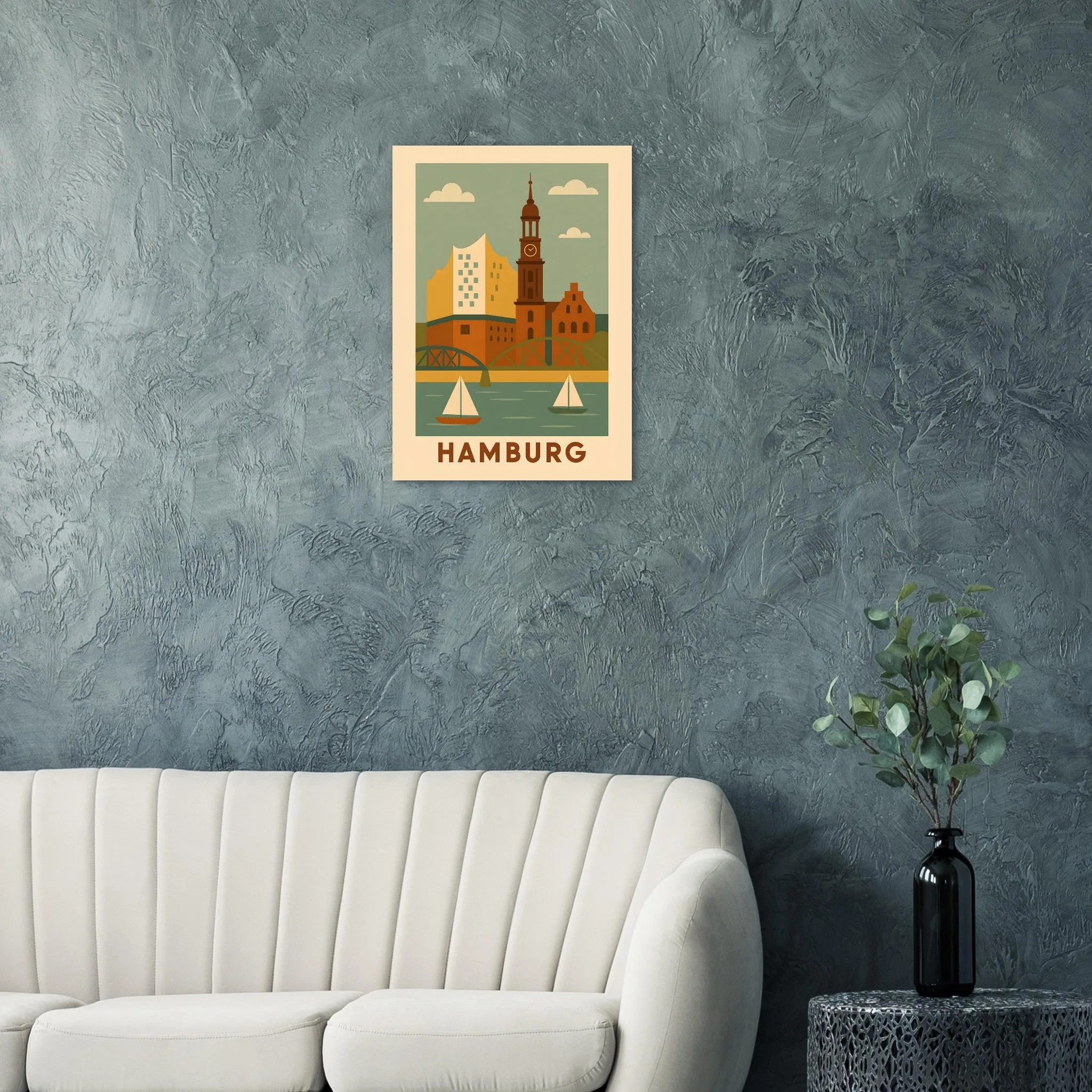 Mid-century modern poster of Hamburg — warm minimalist design, from €19