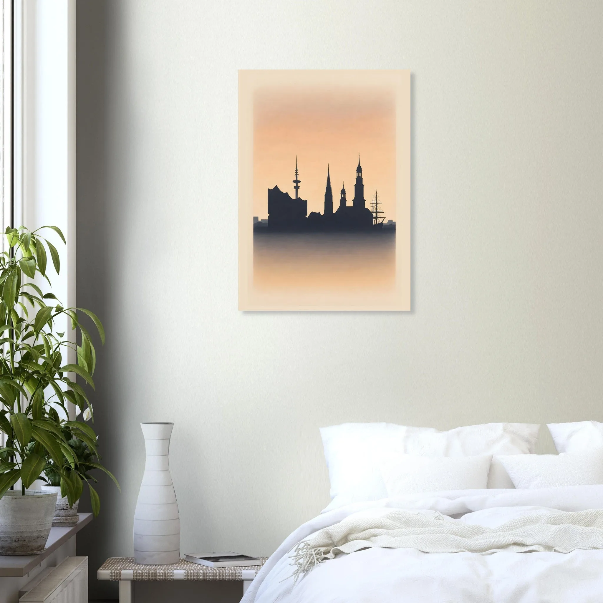 Silhouette skyline poster of Hamburg — warm minimalist design, from €19