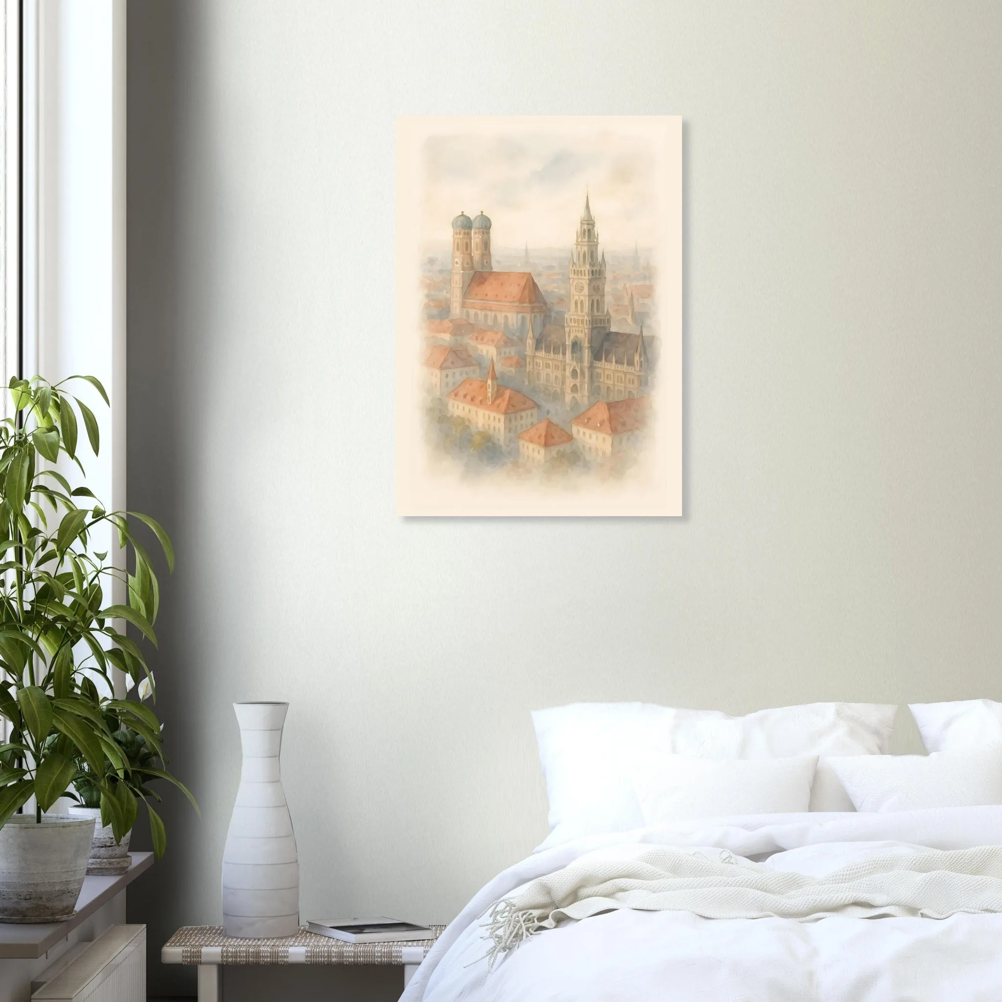 Watercolour landscape poster of München — warm minimalist design, from €19