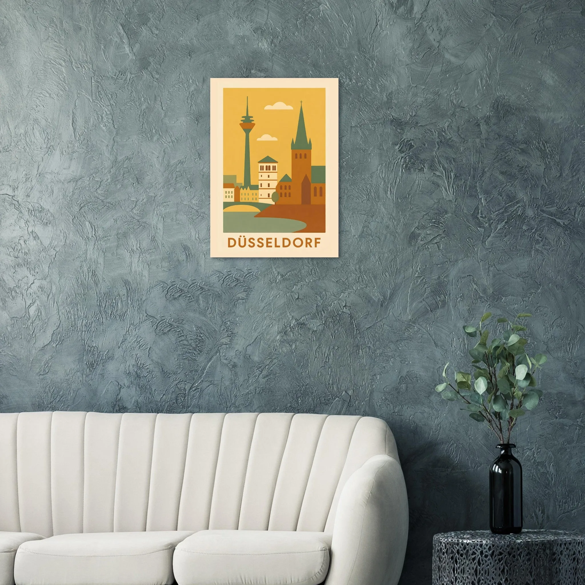 Mid-century modern-Poster von Düsseldorf — warmes minimalistisches Motiv, ab 19 €