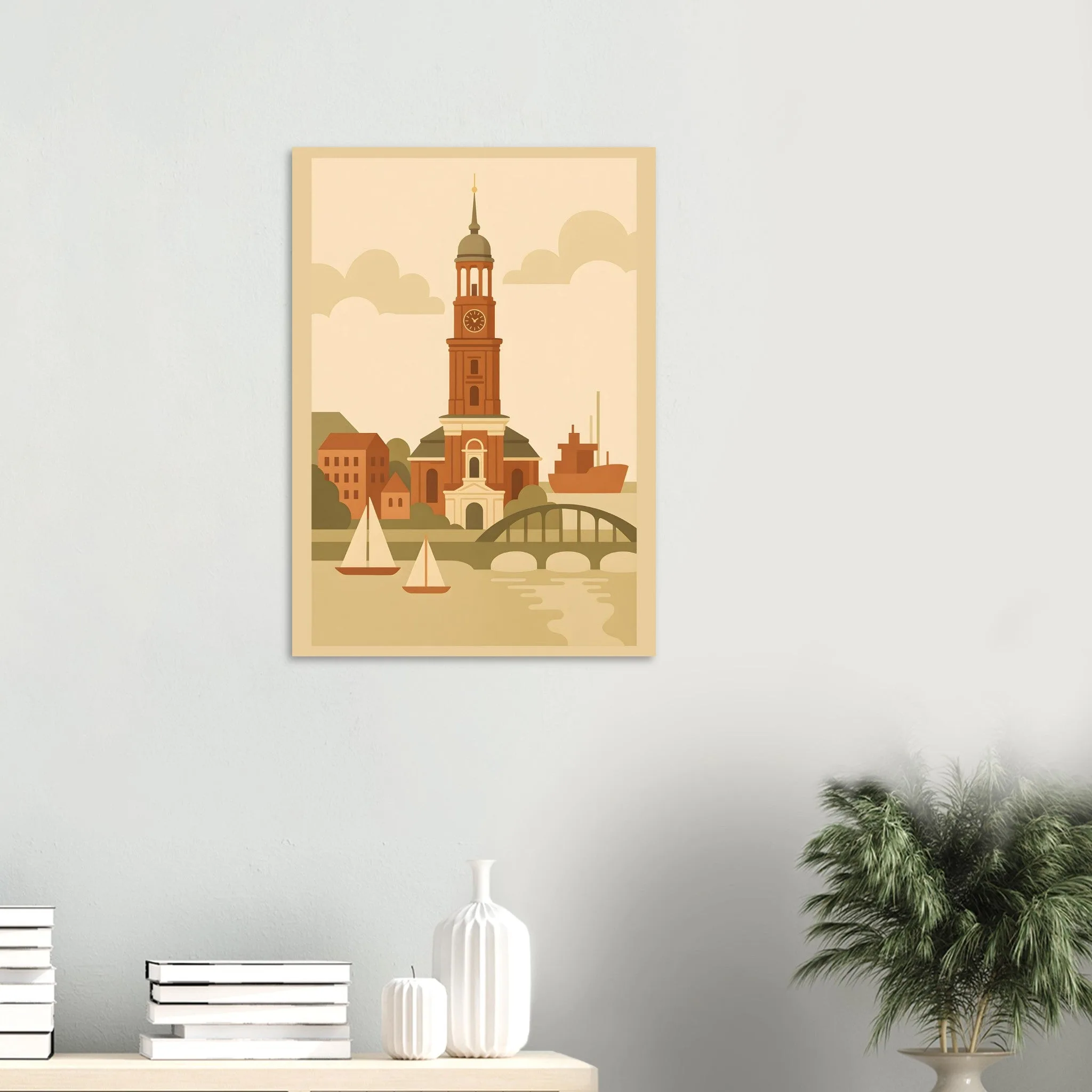 Flat vector illustration poster of Hamburg — warm minimalist design, from €19
