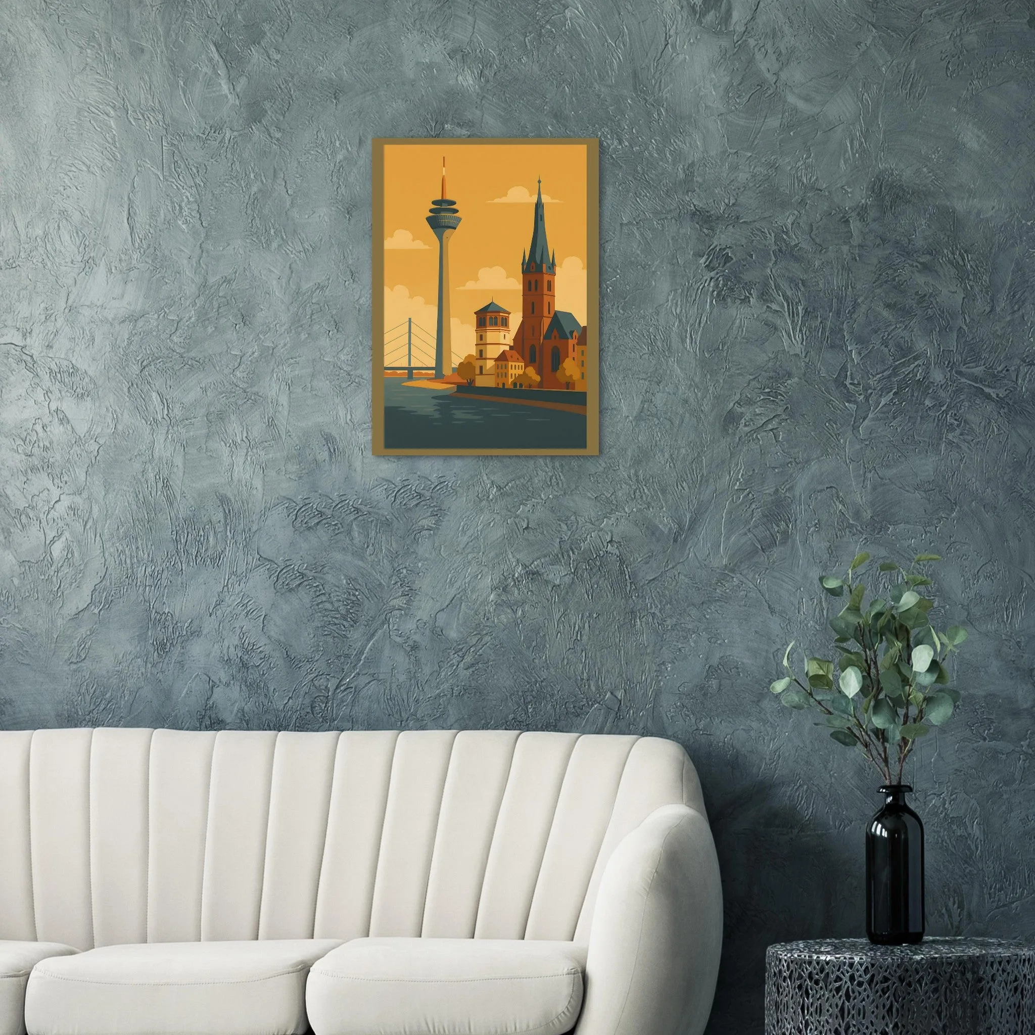 Vintage travel poster-Poster von Düsseldorf — warmes minimalistisches Motiv, ab 19 €