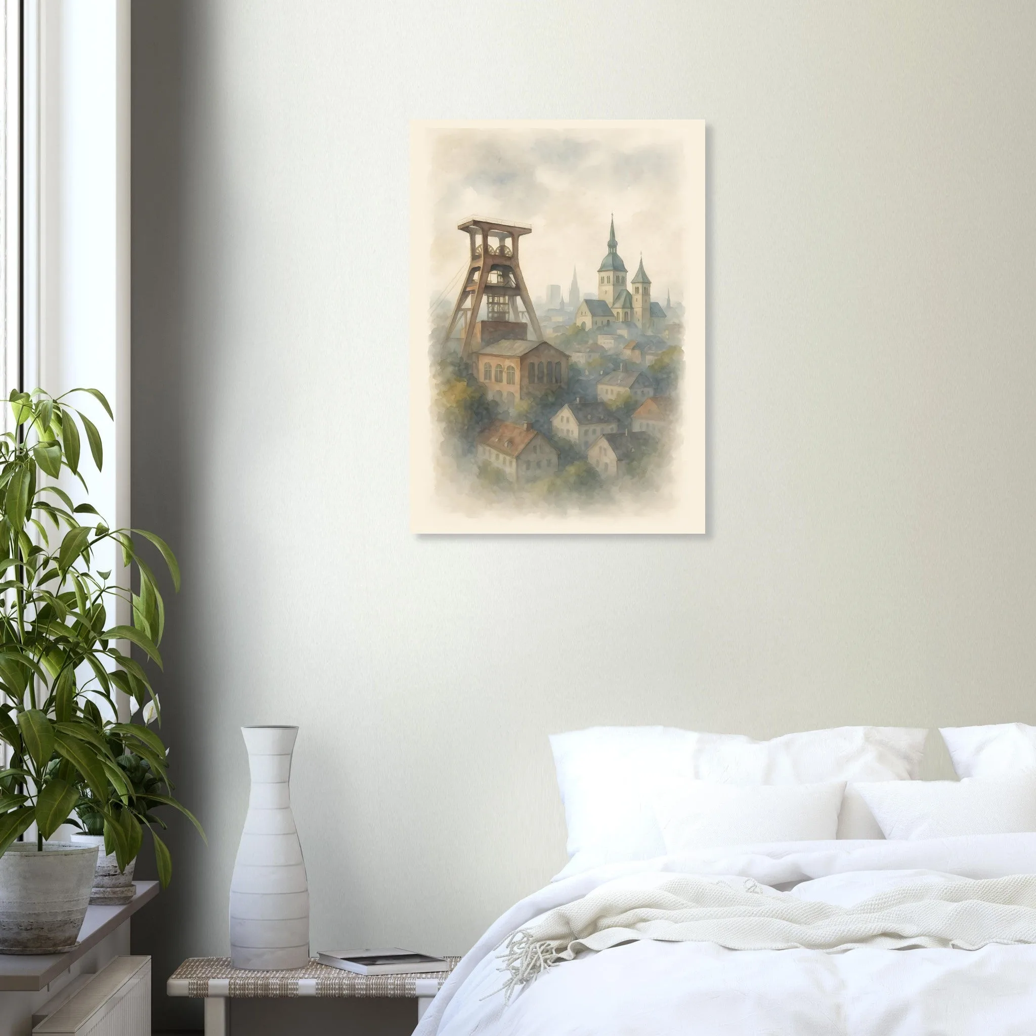 Watercolour landscape poster of Essen — warm minimalist design, from €19
