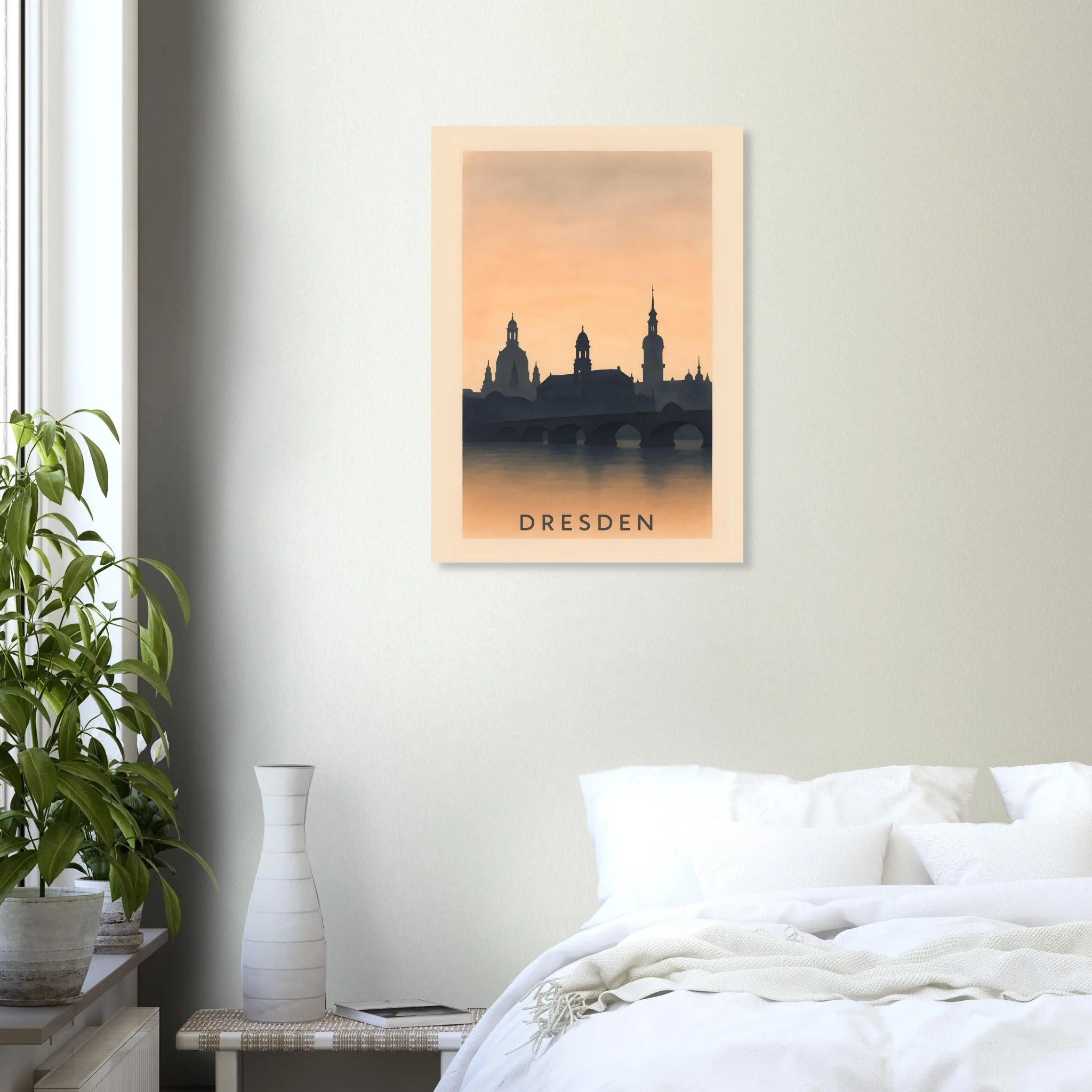 Silhouette skyline-Poster von Dresden — warmes minimalistisches Motiv, ab 19 €