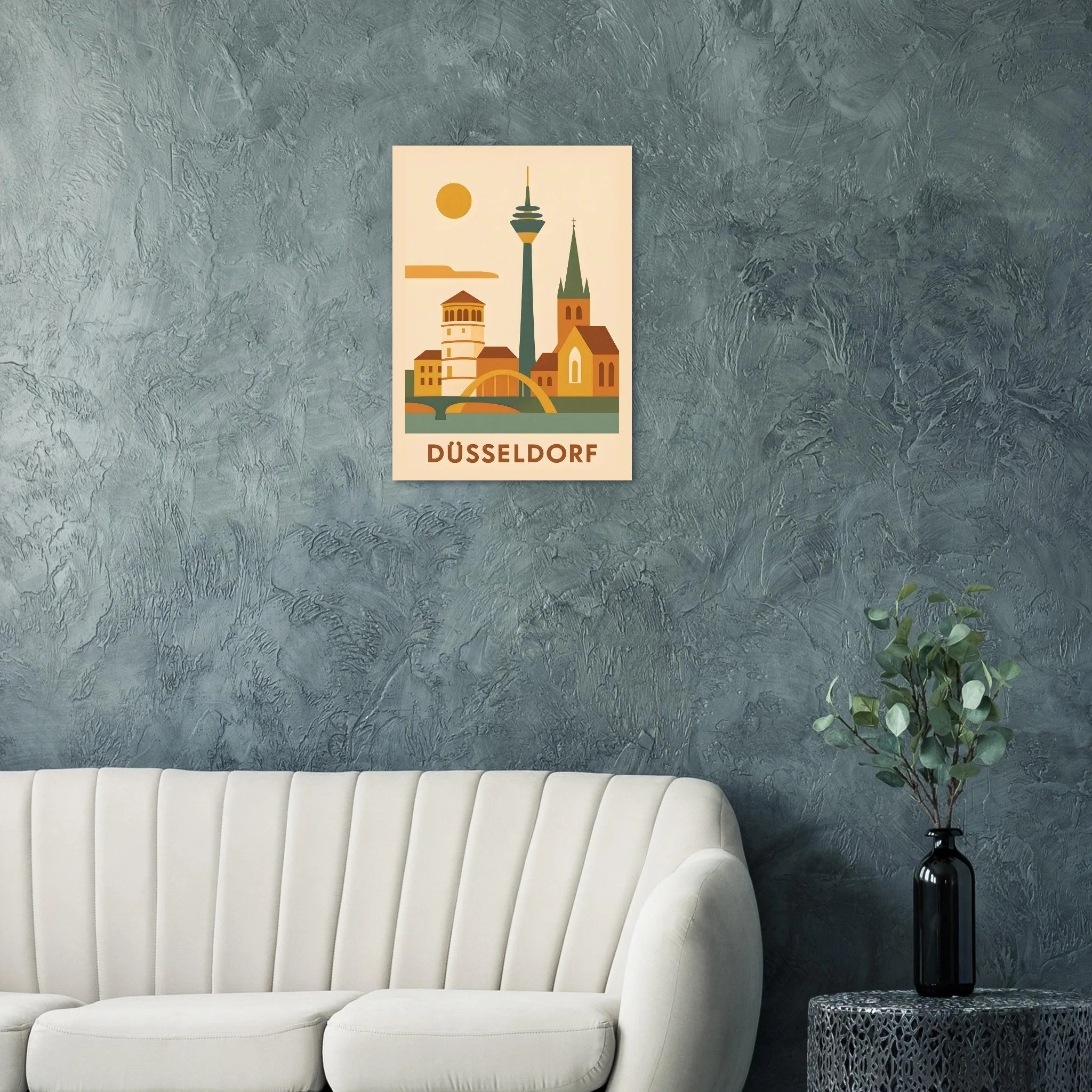 Mid-century modern-Poster von Düsseldorf — warmes minimalistisches Motiv, ab 19 €