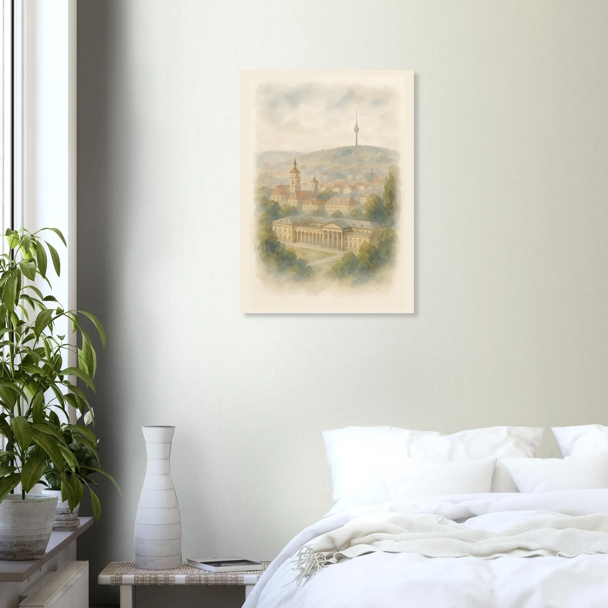 Watercolour landscape poster of Stuttgart — warm minimalist design, from €19
