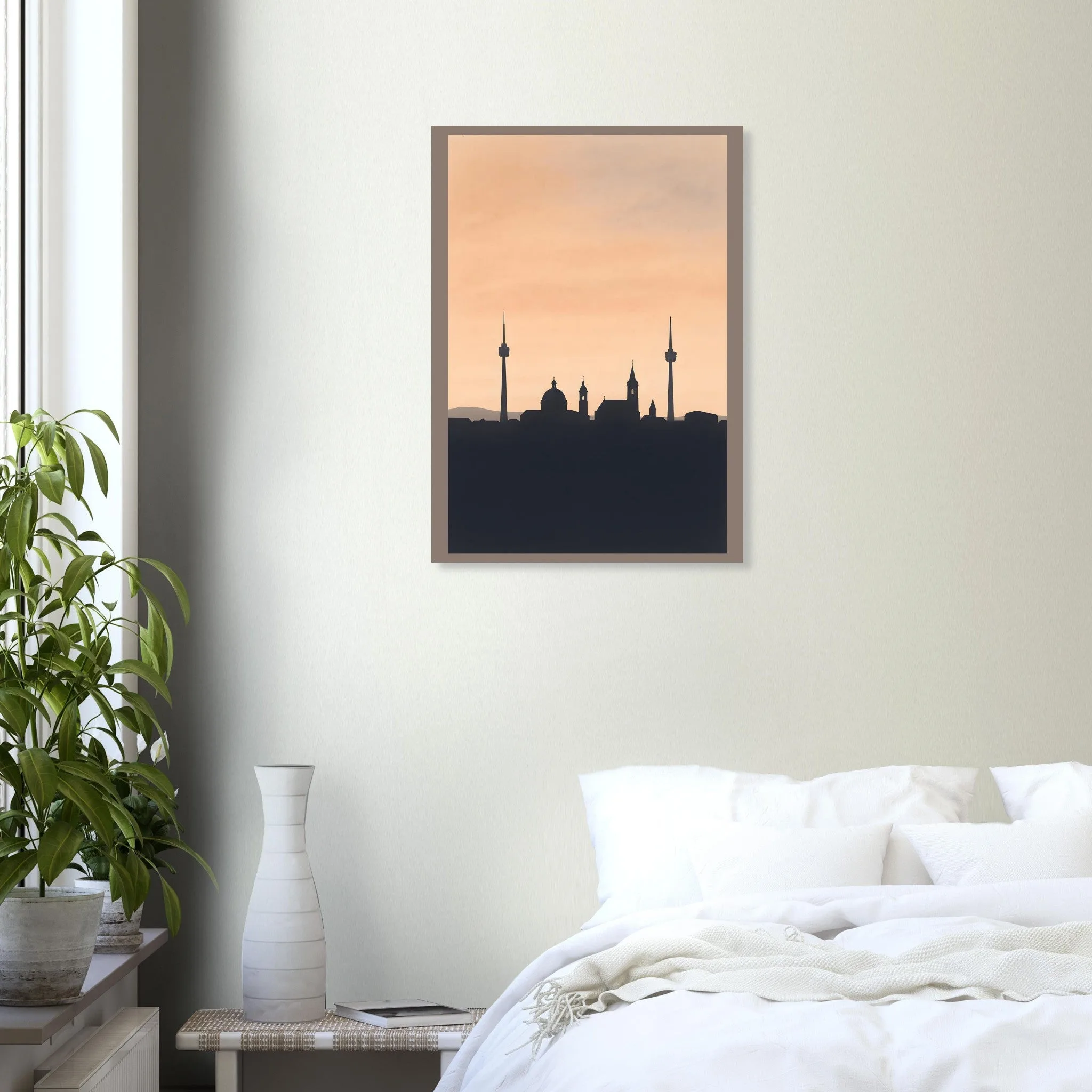Silhouette skyline poster of Stuttgart — warm minimalist design, from €19