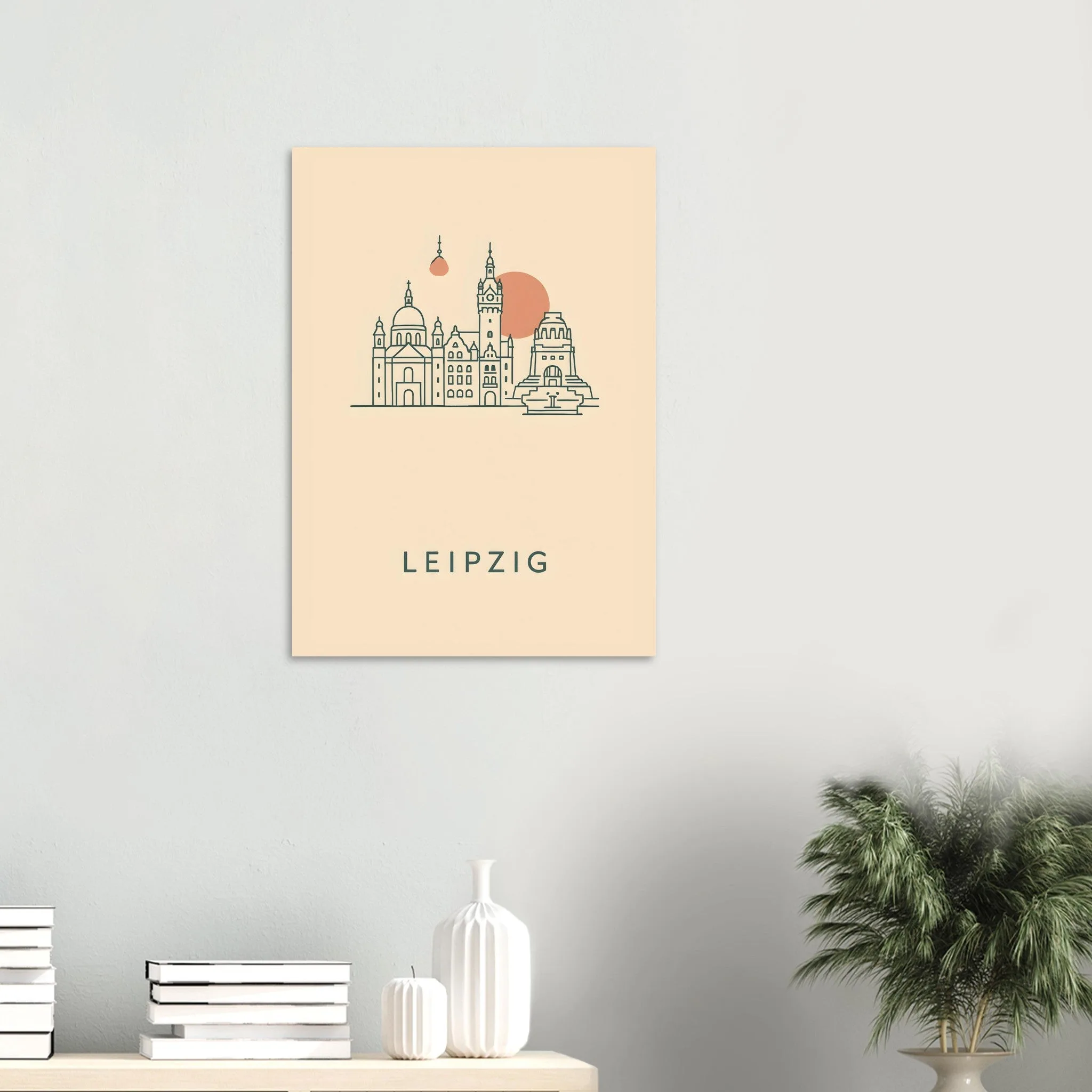 Minimalist line art poster of Leipzig — warm minimalist design, from €19