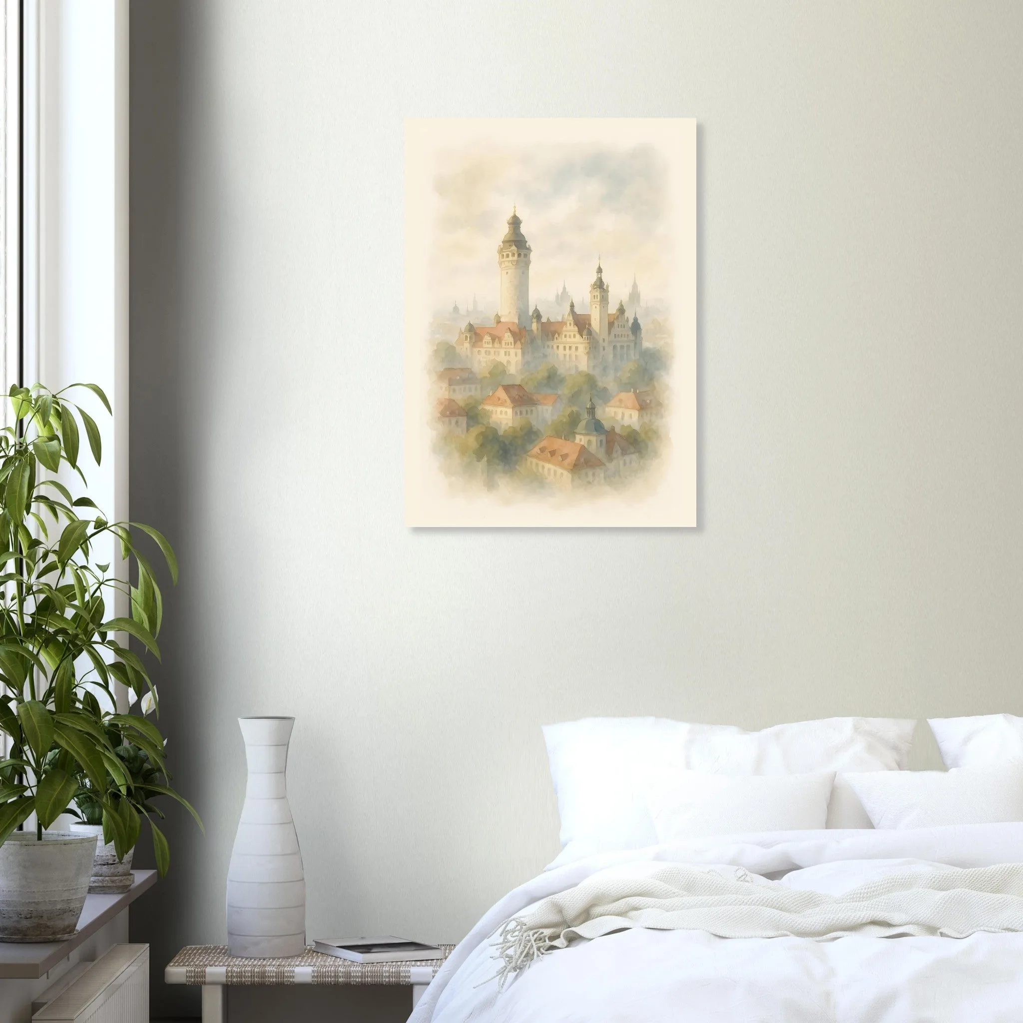 Watercolour landscape poster of Leipzig — warm minimalist design, from €19