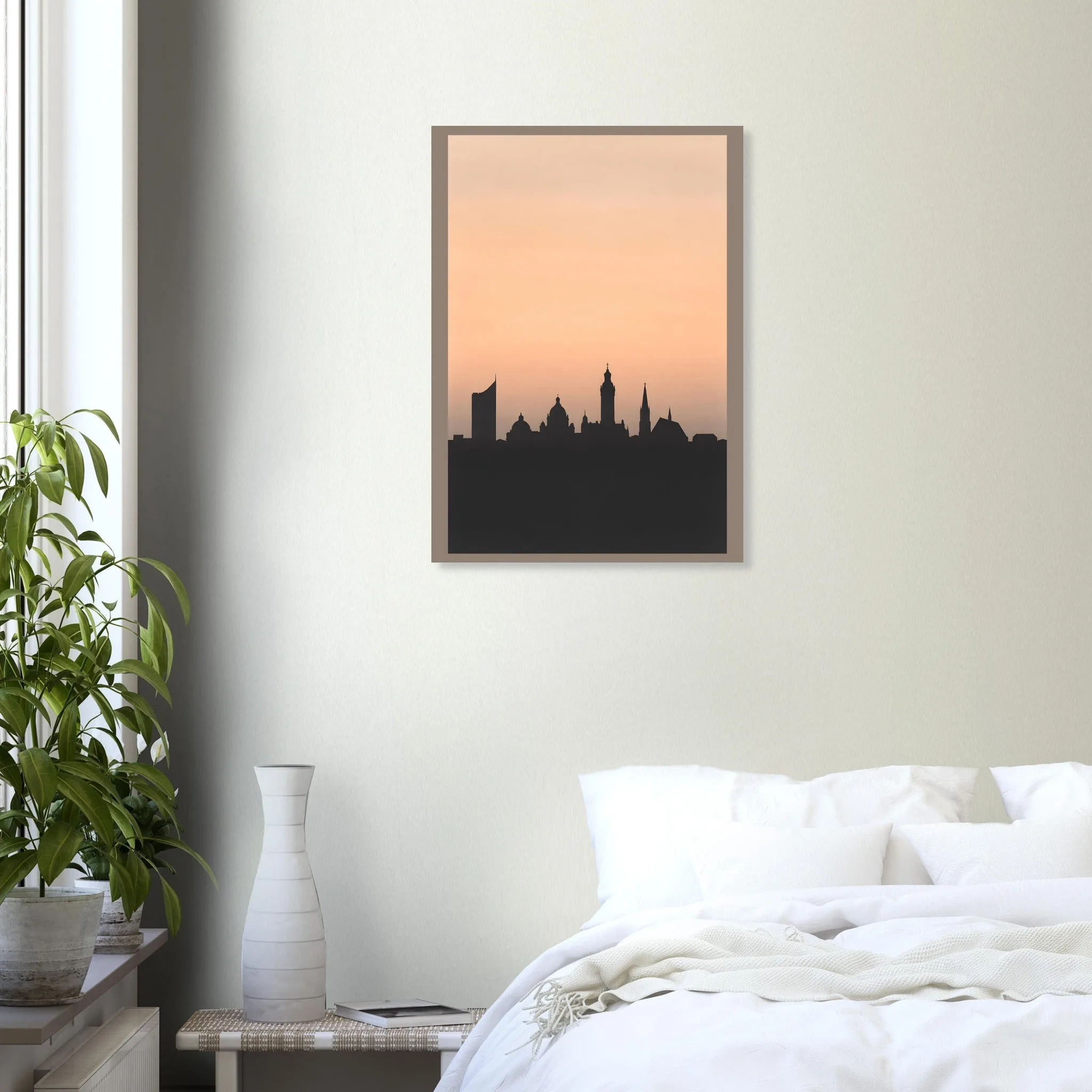 Silhouette skyline poster of Leipzig — warm minimalist design, from €19