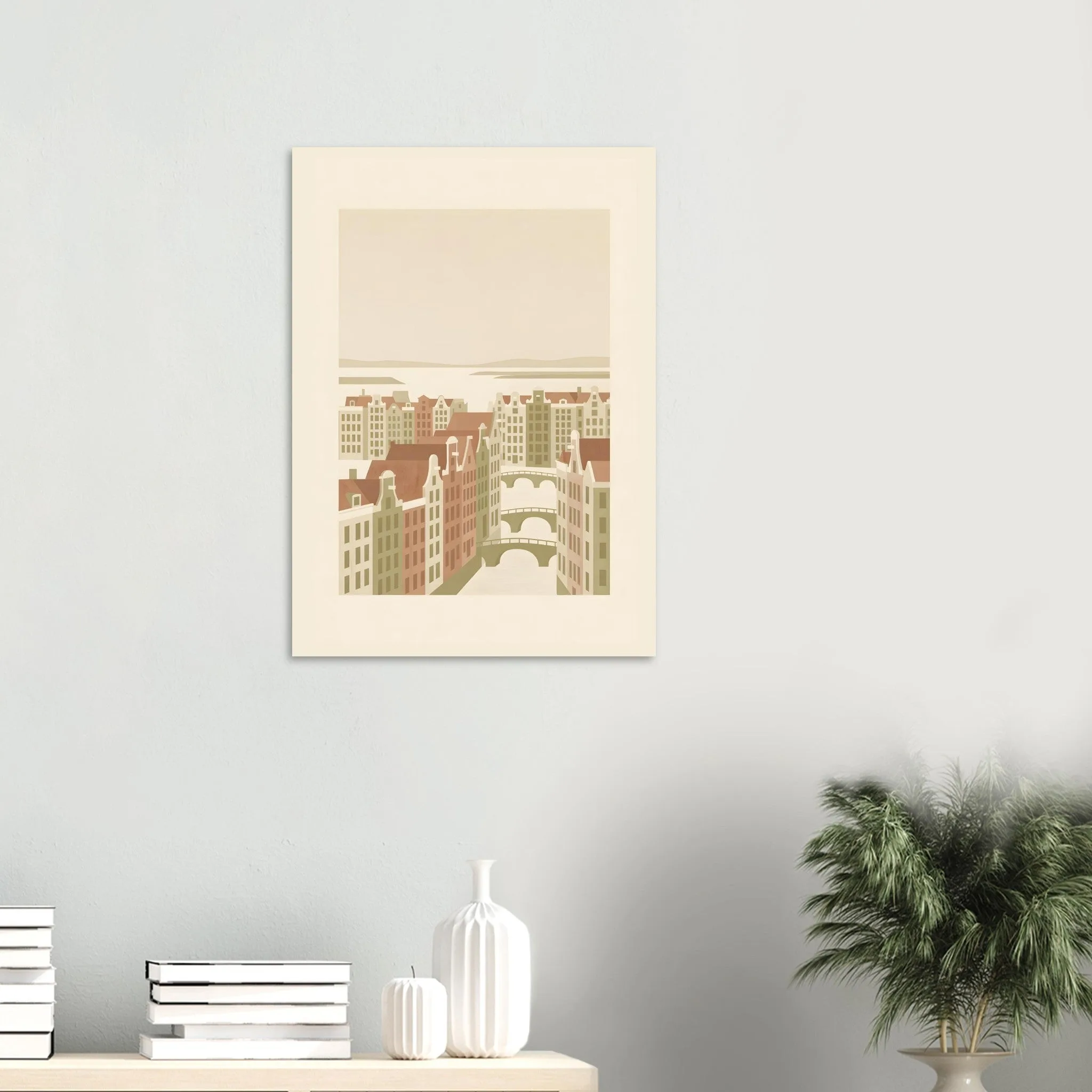 Flat vector illustration poster of Amsterdam — warm minimalist design, from €19