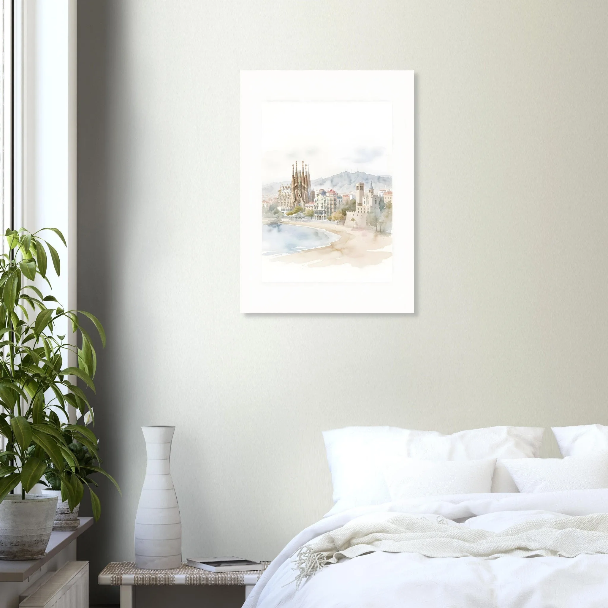 Watercolour landscape poster of Barcelona — warm minimalist design, from €19