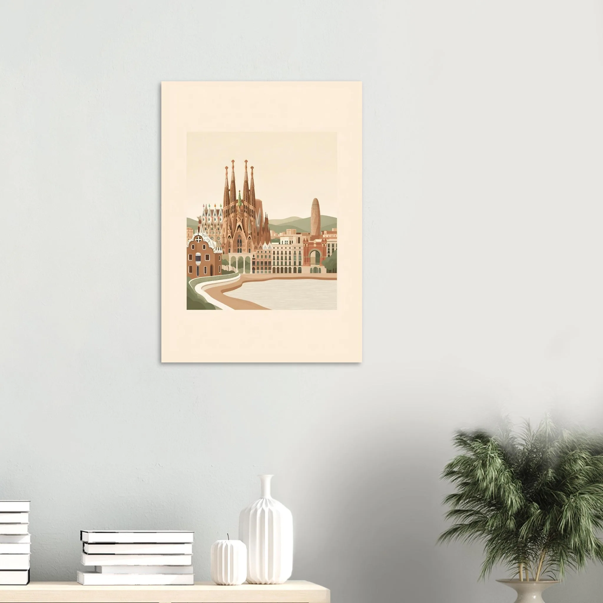 Flat vector illustration poster of Barcelona — warm minimalist design, from €19
