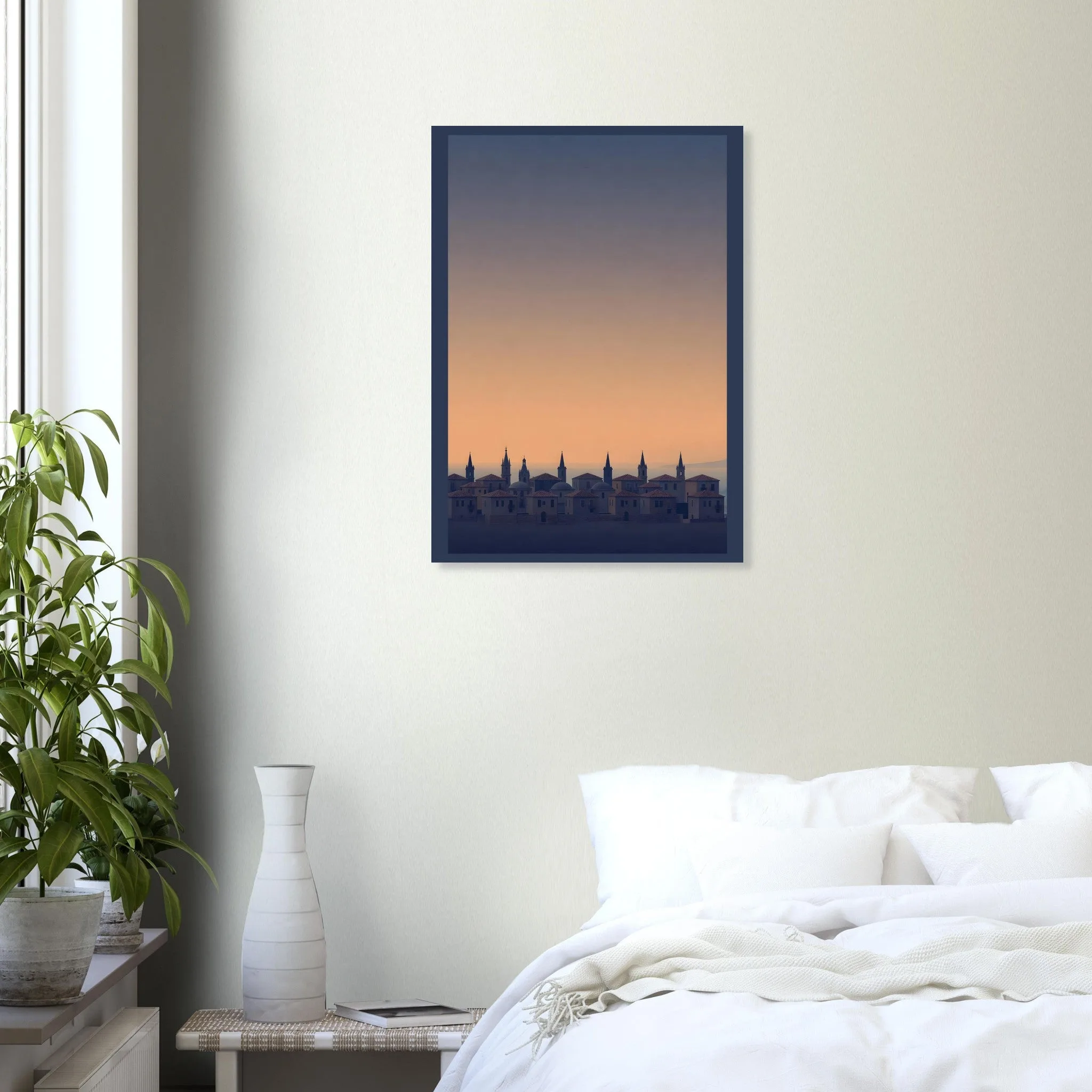 Silhouette skyline poster of Barcelona — warm minimalist design, from €19