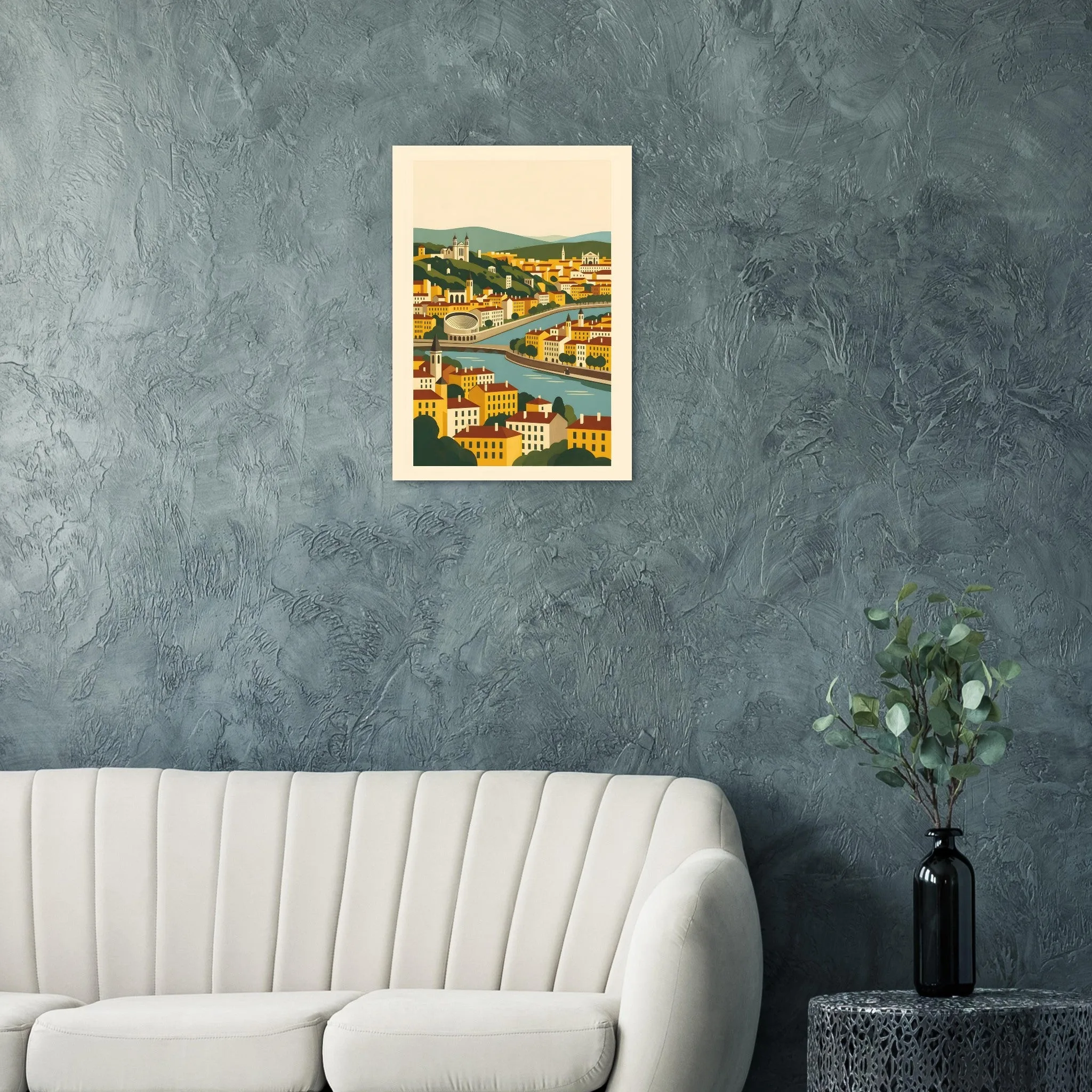 Mid-century modern poster of Lyon — warm minimalist design, from €19