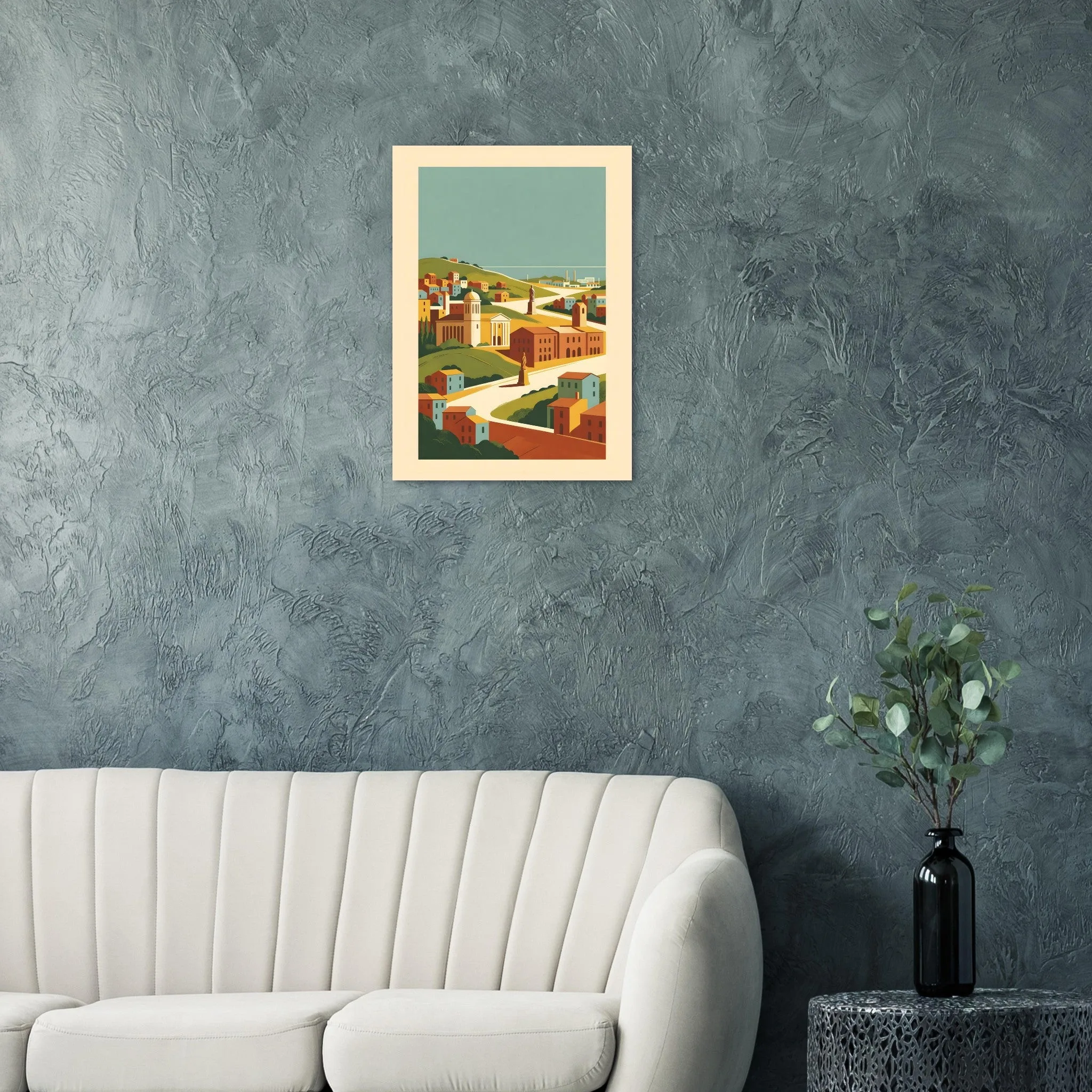 Mid-century modern poster of Tarrasa — warm minimalist design, from €19