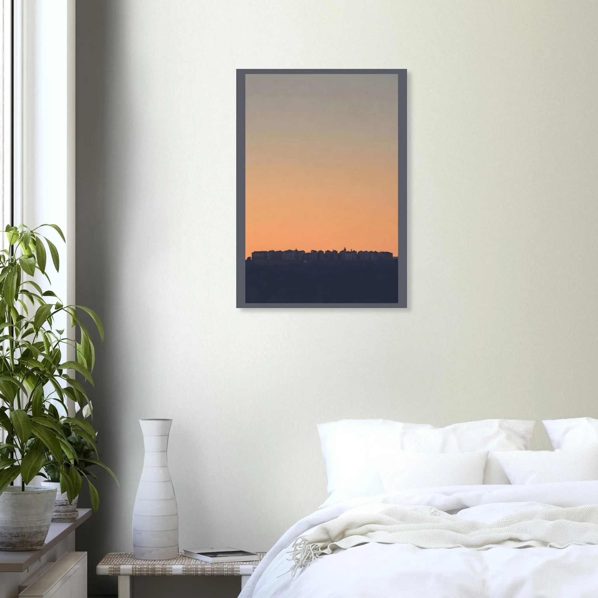 Silhouette skyline poster of Tarrasa — warm minimalist design, from €19