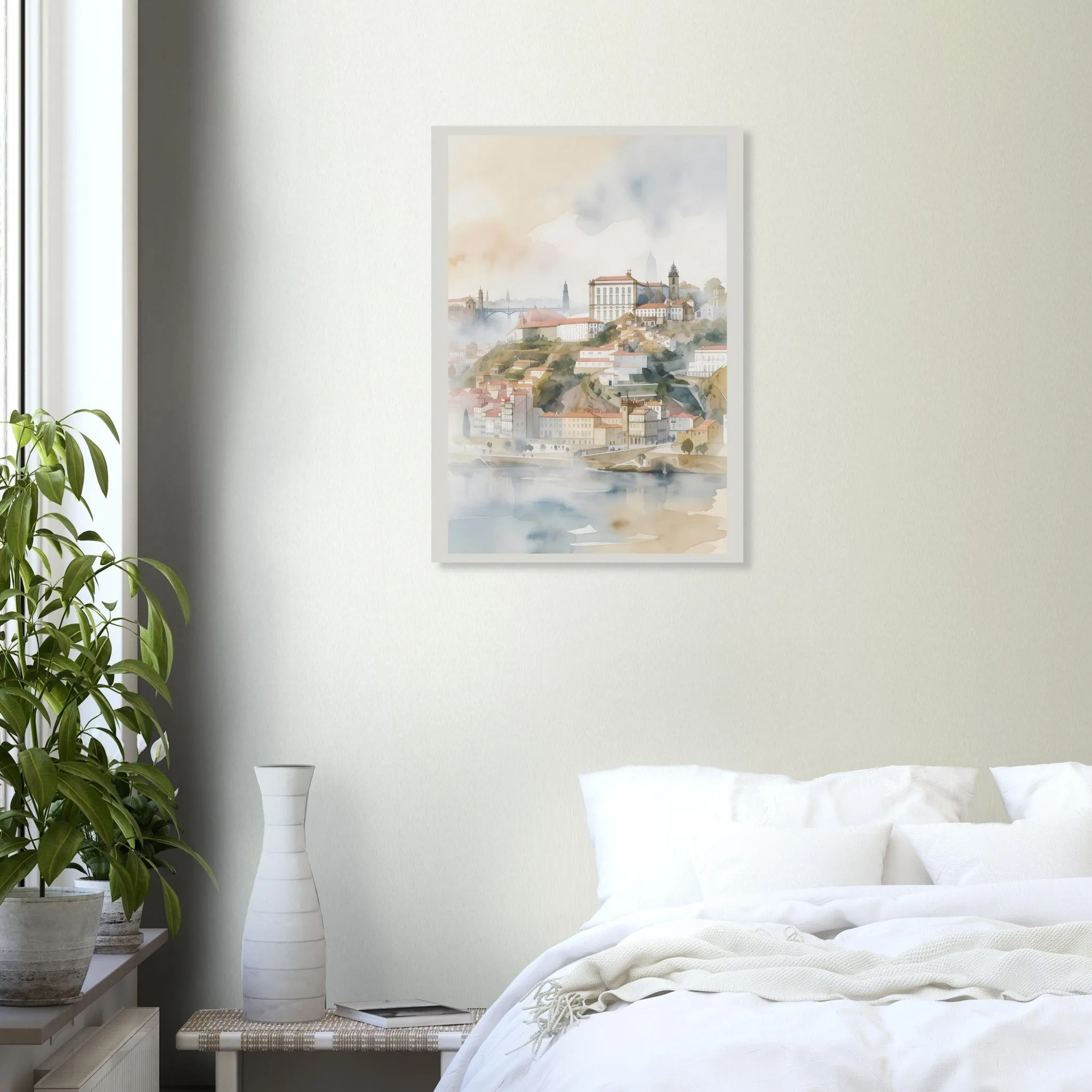 Watercolour landscape poster of Porto — warm minimalist design, from €19