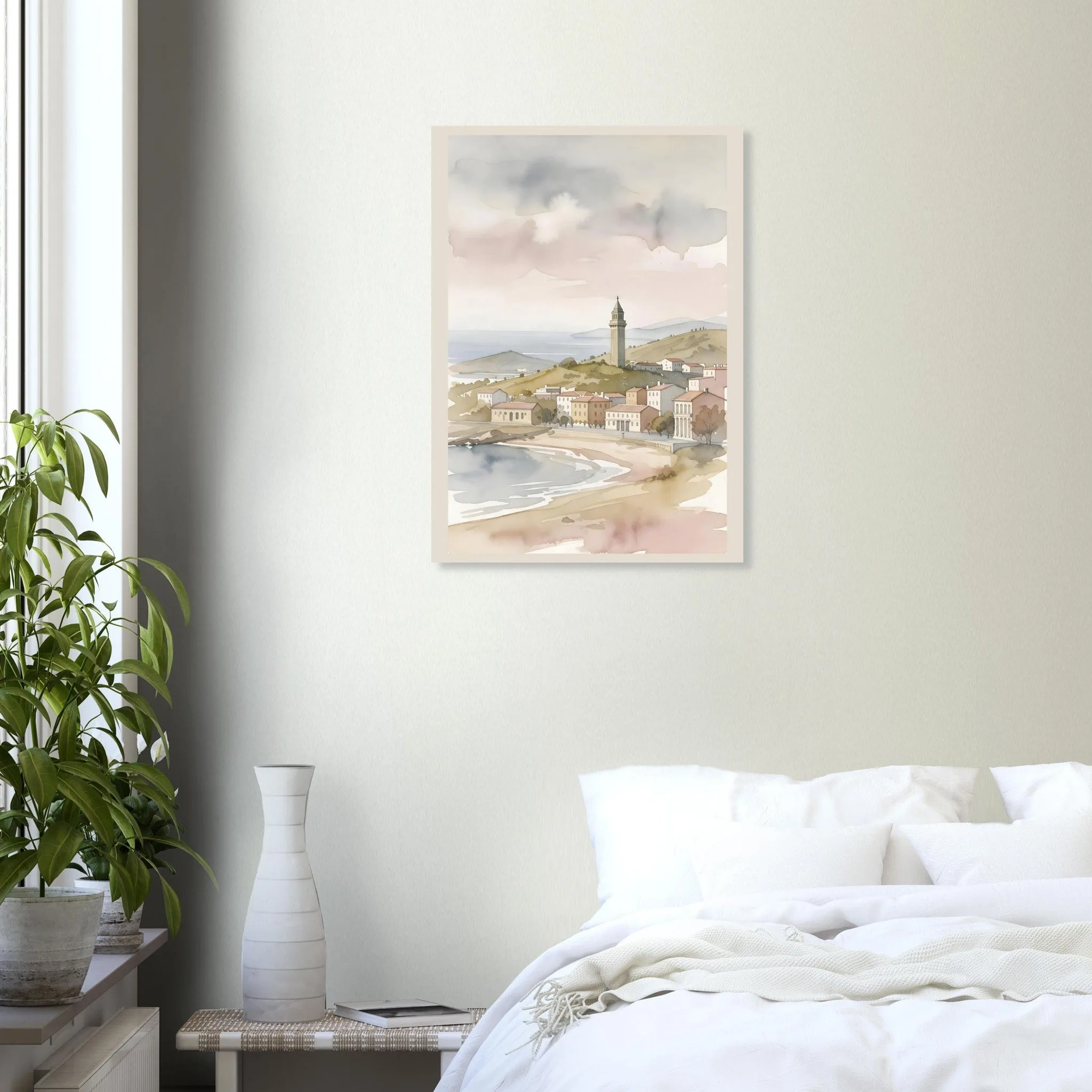 Watercolour landscape poster of Badalona — warm minimalist design, from €19