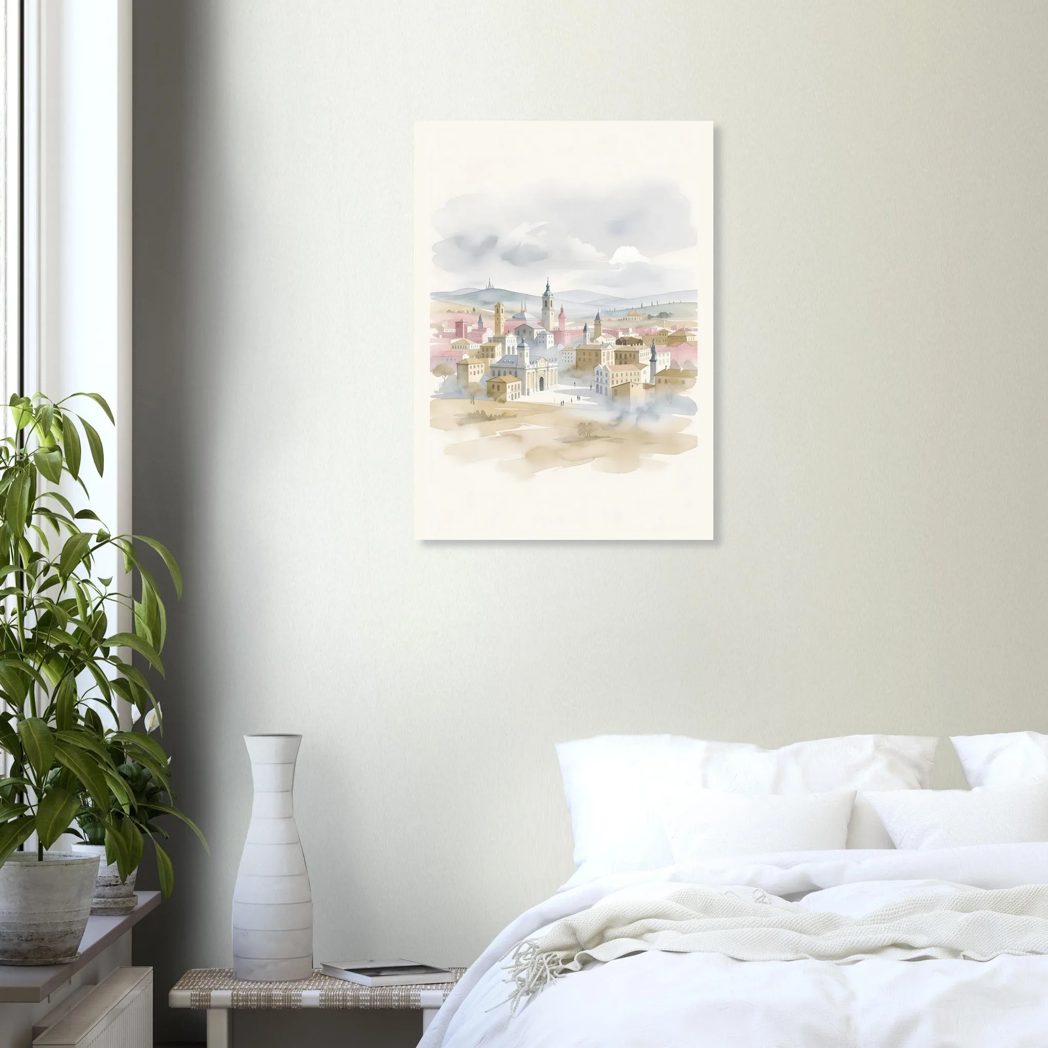 Watercolour landscape poster of Móstoles — warm minimalist design, from €19