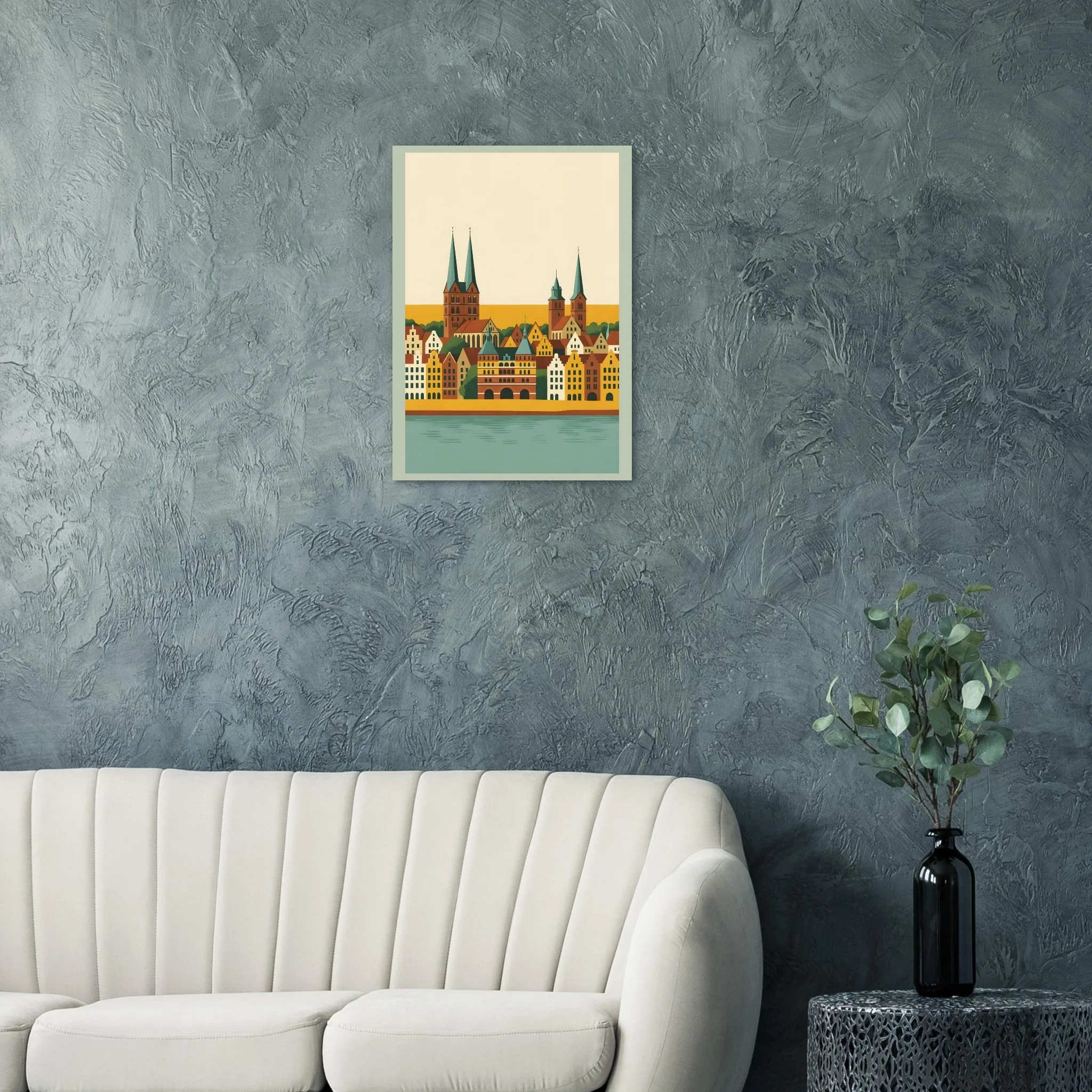 Mid-century modern-Poster von Lübeck — warmes minimalistisches Motiv, ab 19 €
