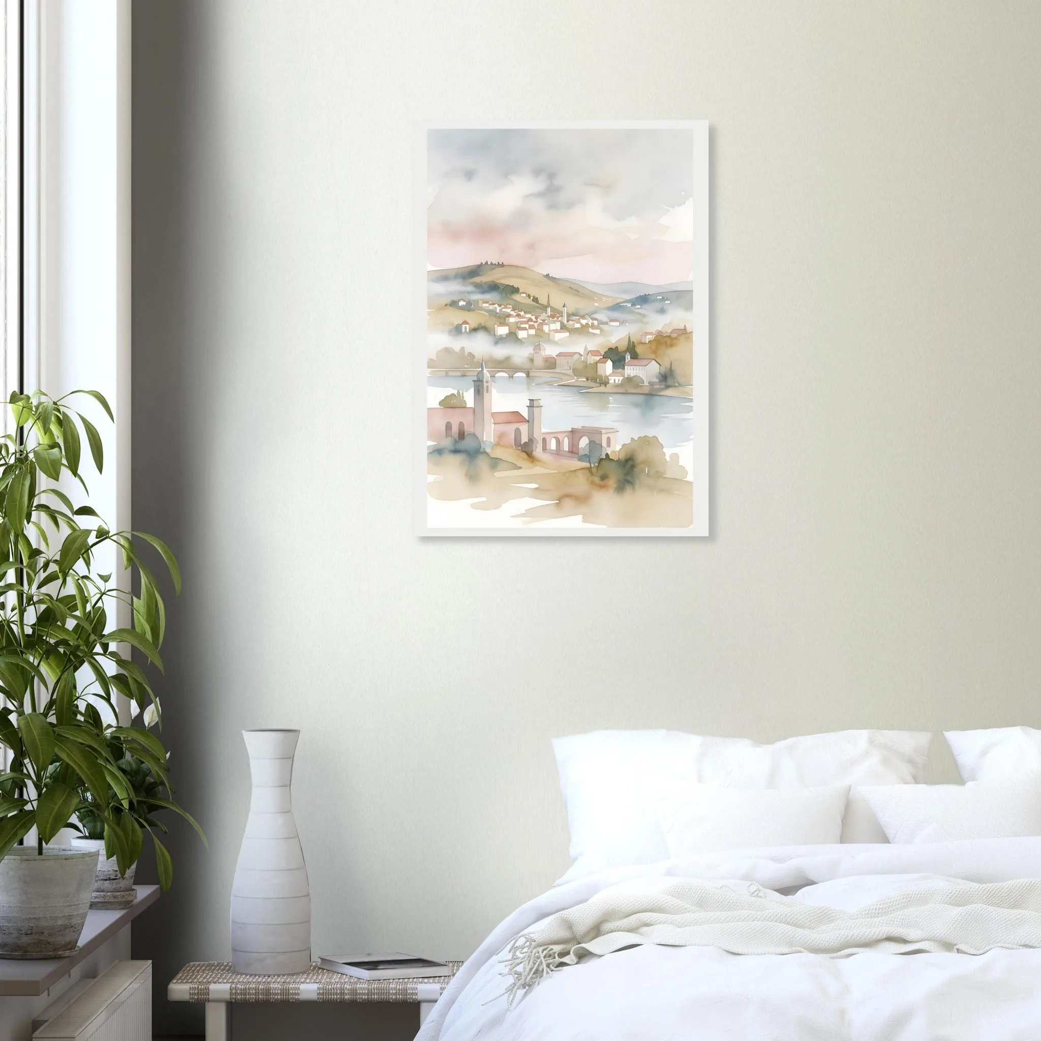 Watercolour landscape poster of Linz — warm minimalist design, from €19
