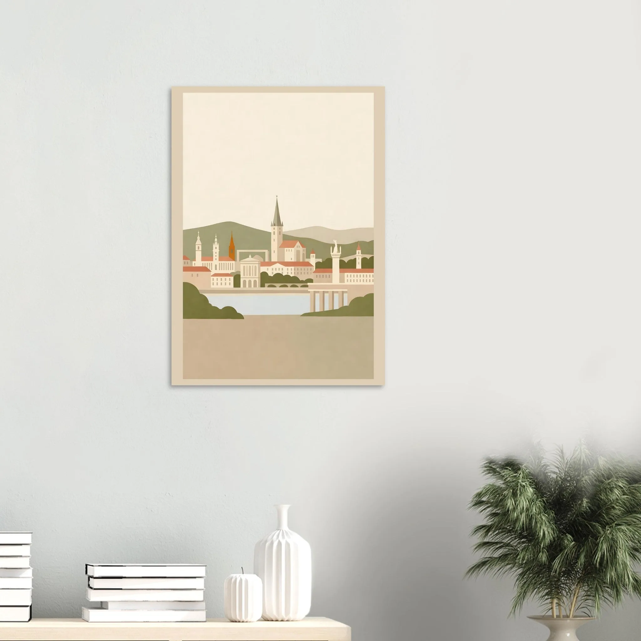 Flat vector illustration poster of Linz — warm minimalist design, from €19