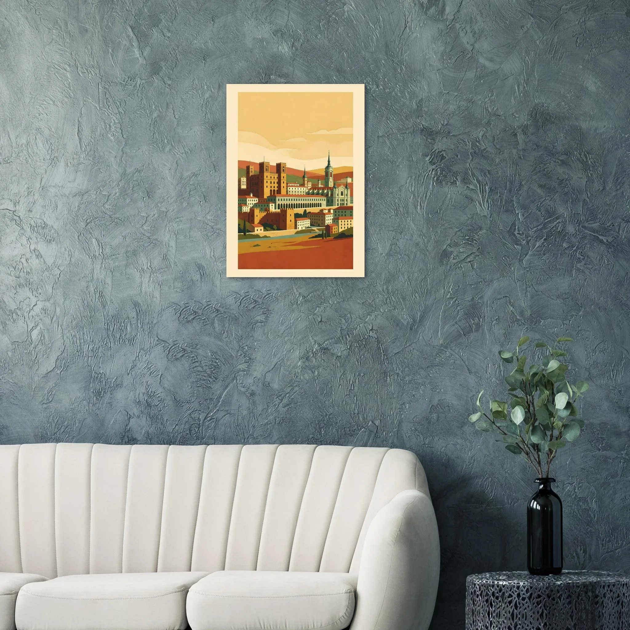 Mid-century modern poster of Alcalá de Henares — warm minimalist design, from €19