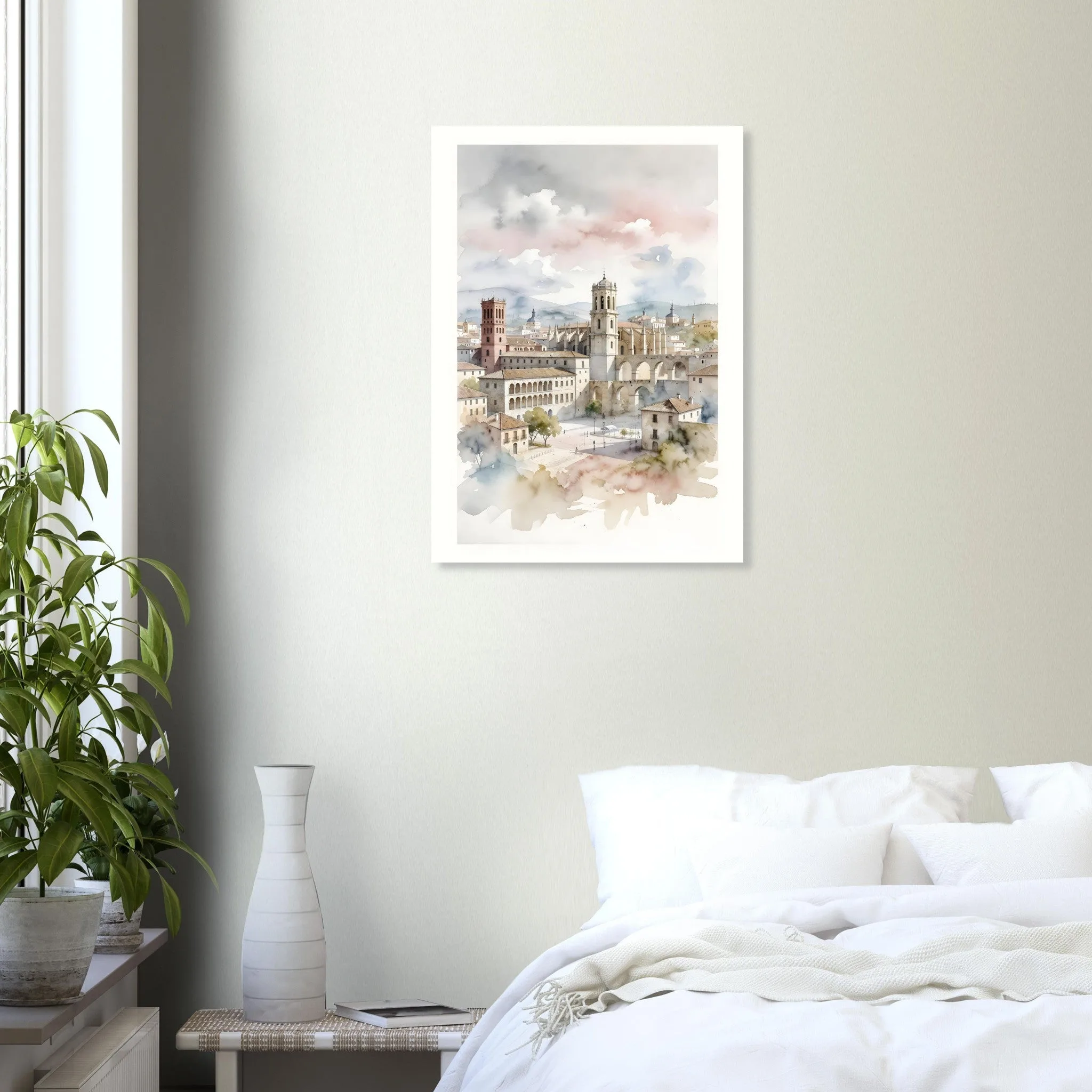 Watercolour landscape poster of Alcalá de Henares — warm minimalist design, from €19