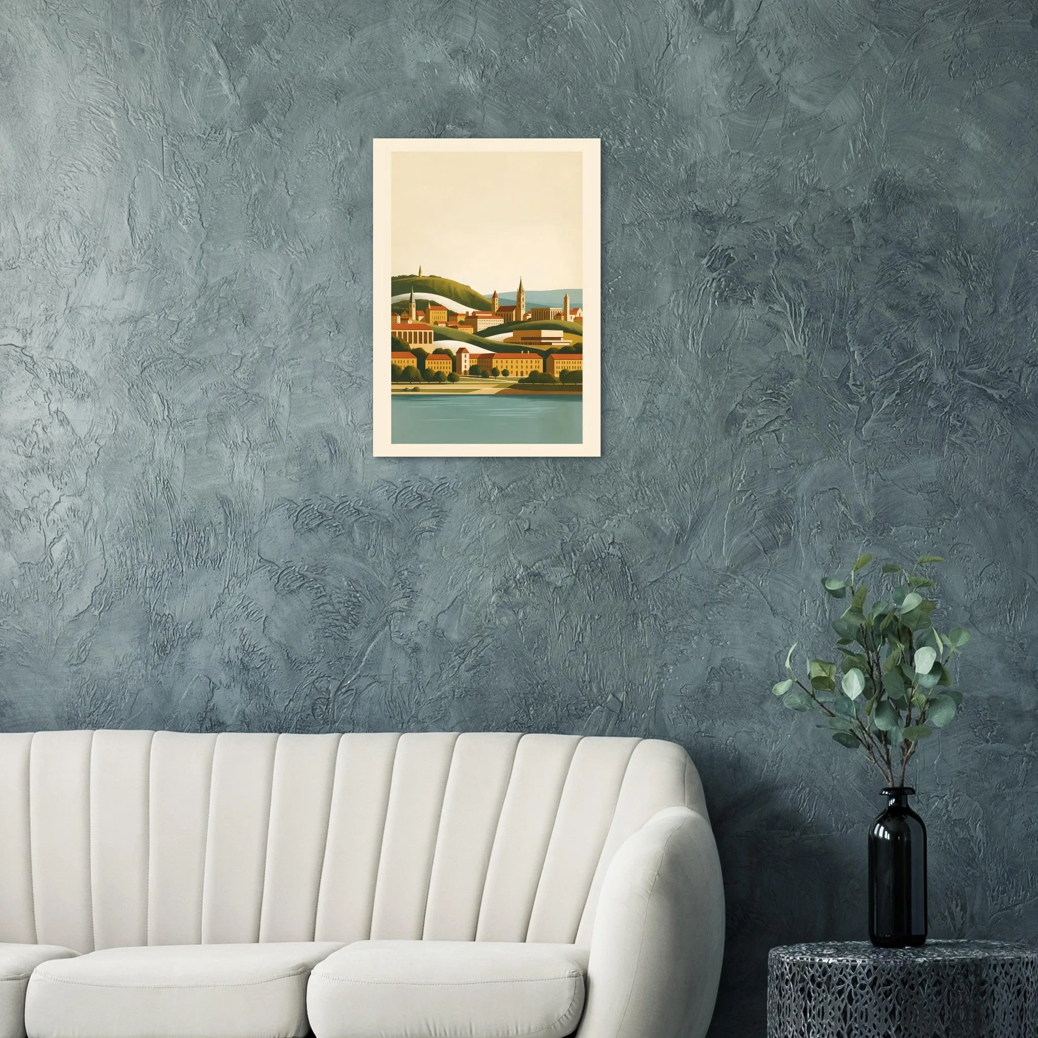 Mid-century modern poster of Linz — warm minimalist design, from €19