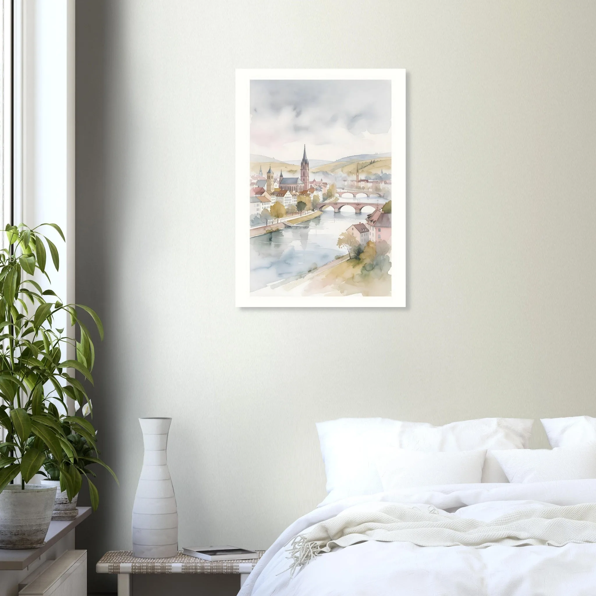 Watercolour landscape poster of Basel — warm minimalist design, from €19
