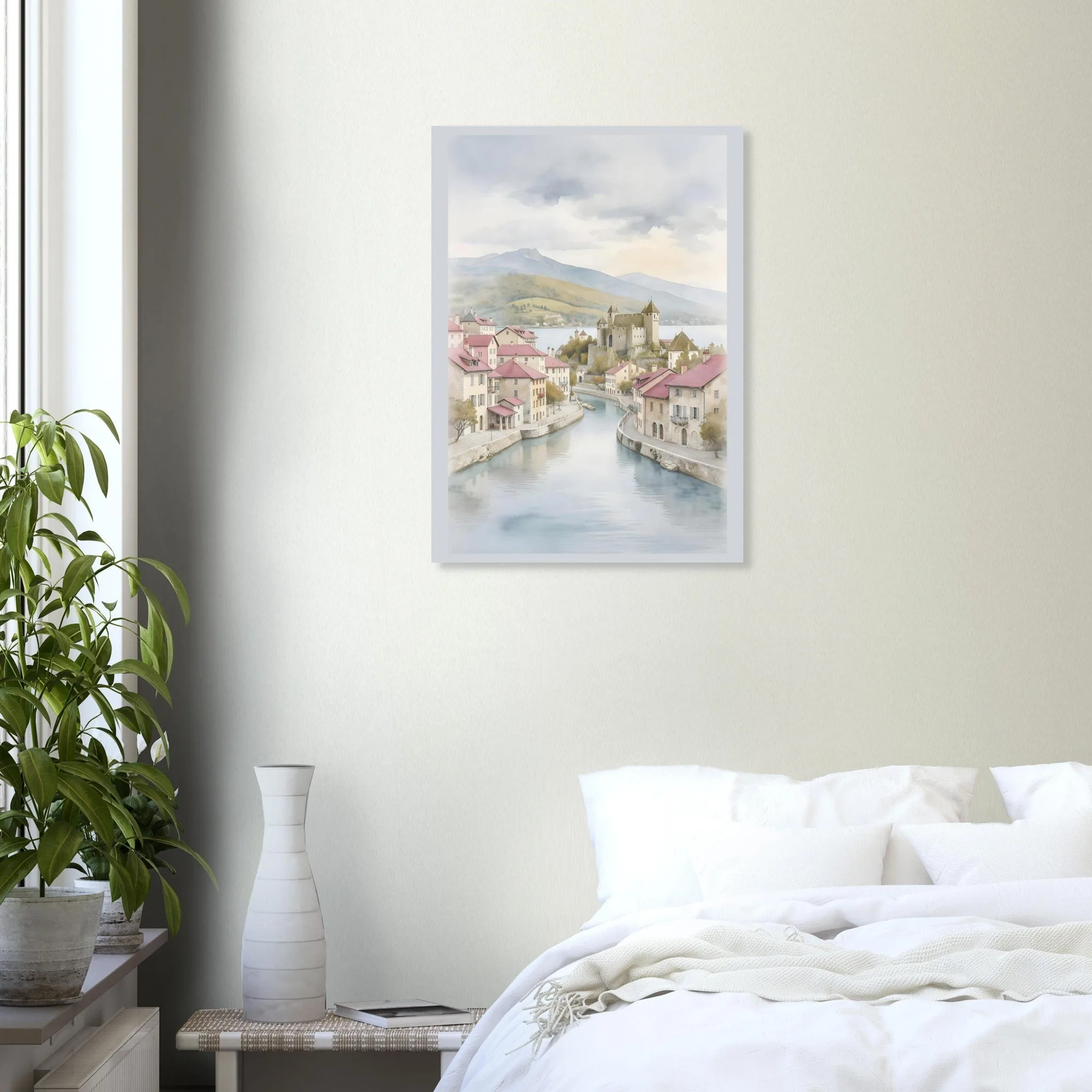 Watercolour landscape poster of Annecy — warm minimalist design, from €19