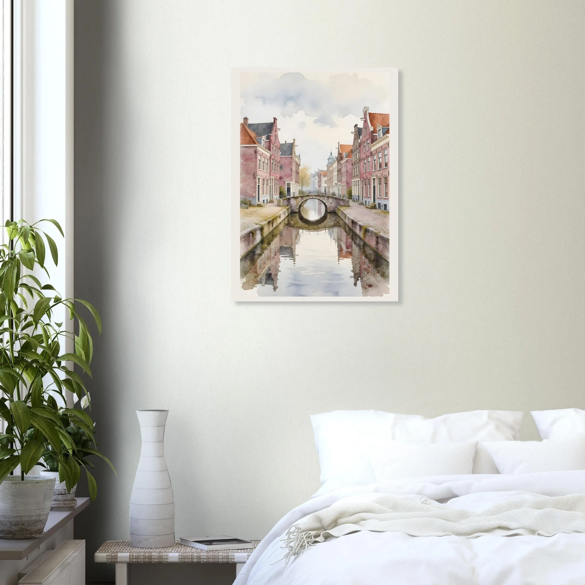 Watercolour landscape poster of Delft — warm minimalist design, from €19