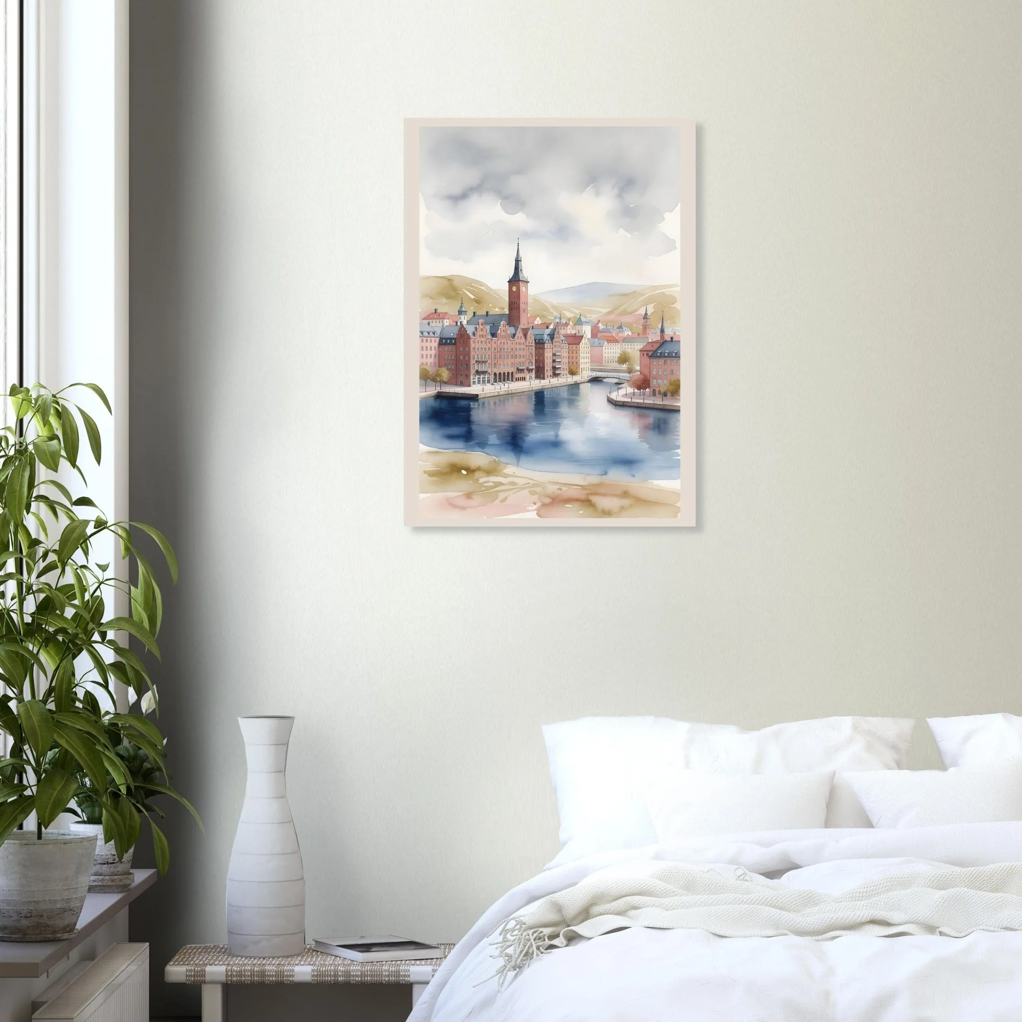Watercolour landscape poster of Helsingborg — warm minimalist design, from €19