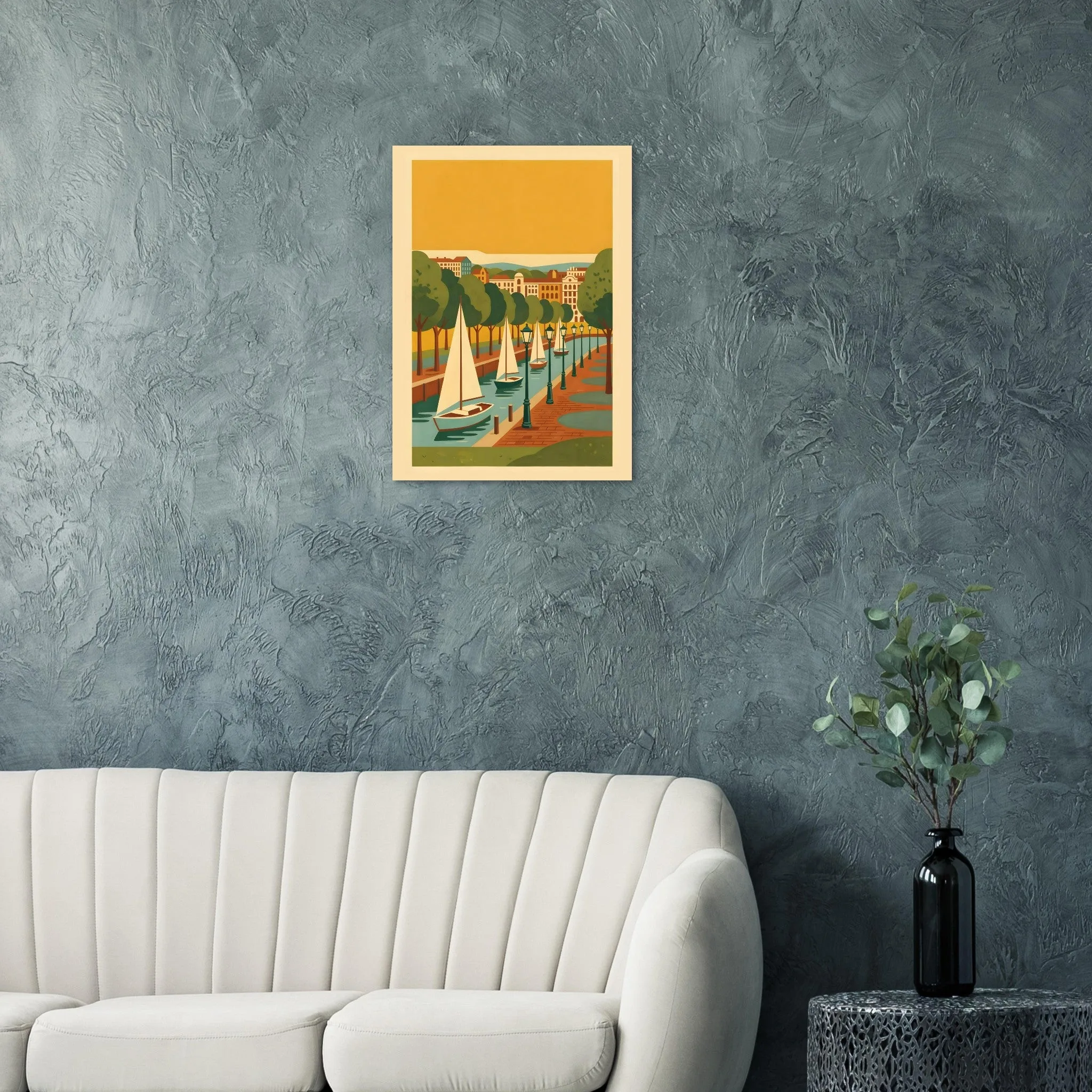 Mid-century modern poster of Vlaardingen — warm minimalist design, from €19
