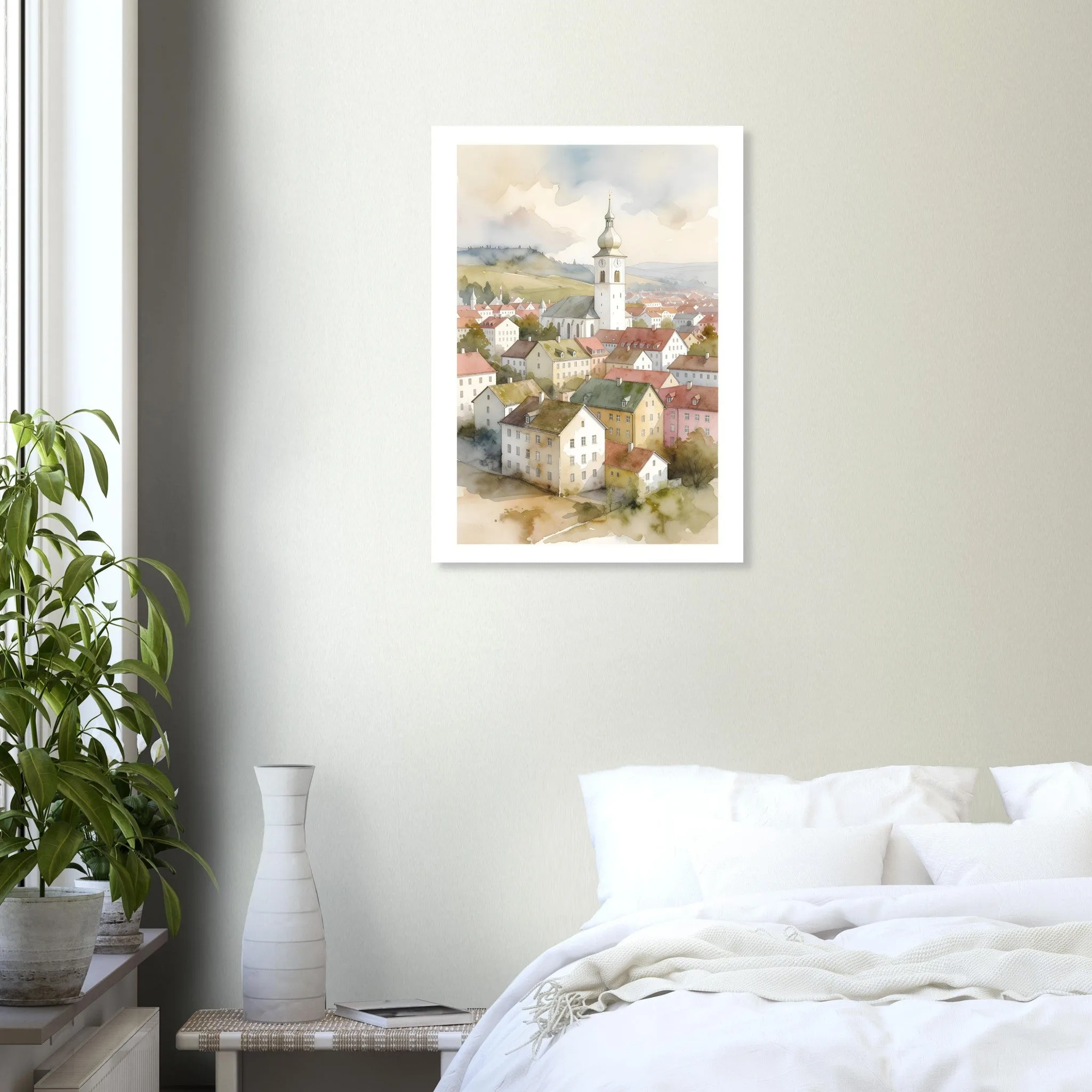 Watercolour landscape poster of Wels — warm minimalist design, from €19