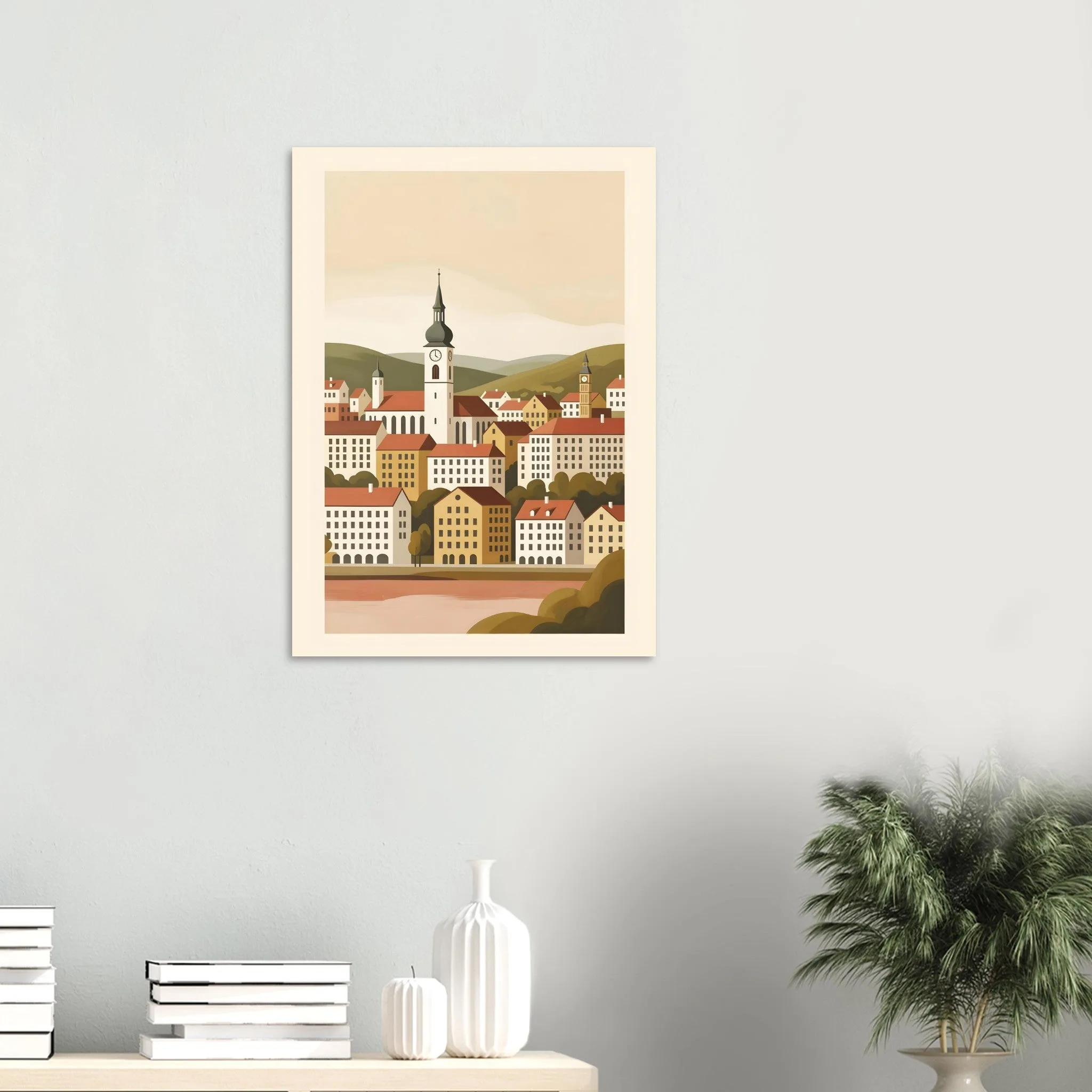 Flat vector illustration poster of Wels — warm minimalist design, from €19