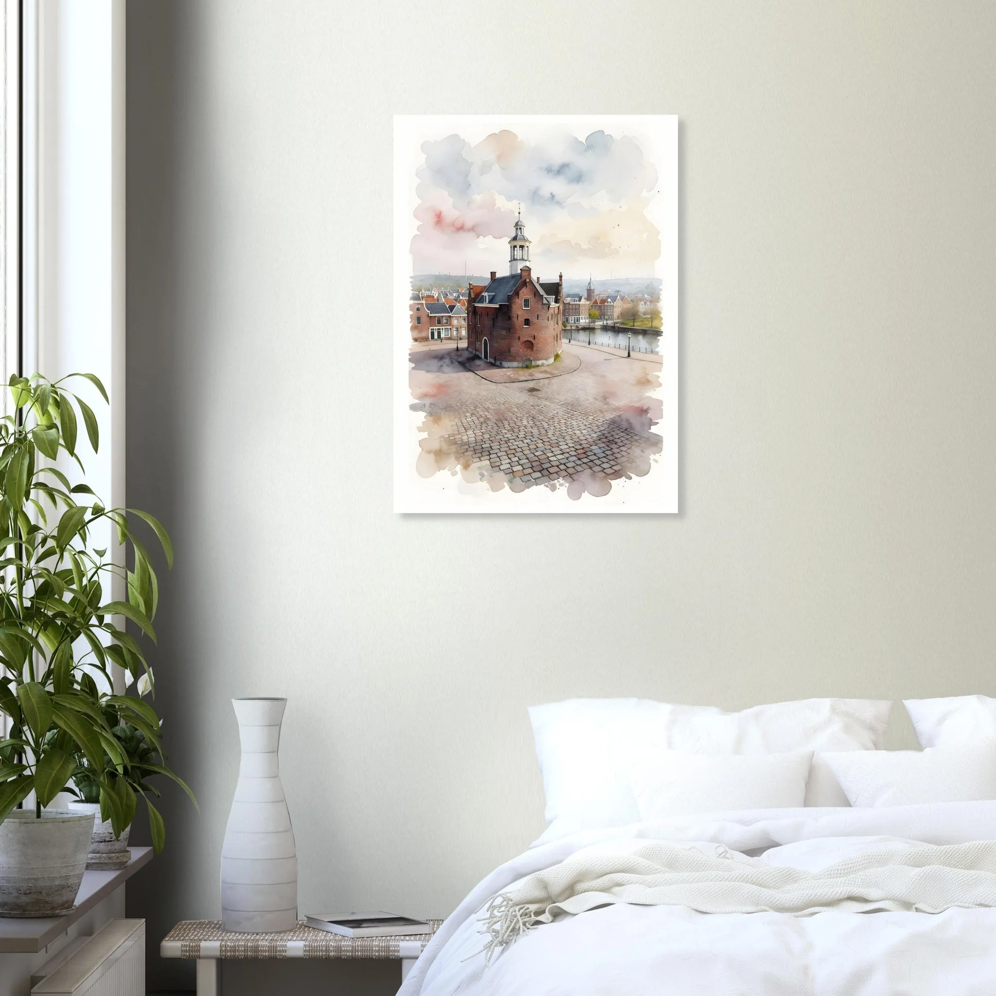 Watercolour landscape poster of Schiedam — warm minimalist design, from €19