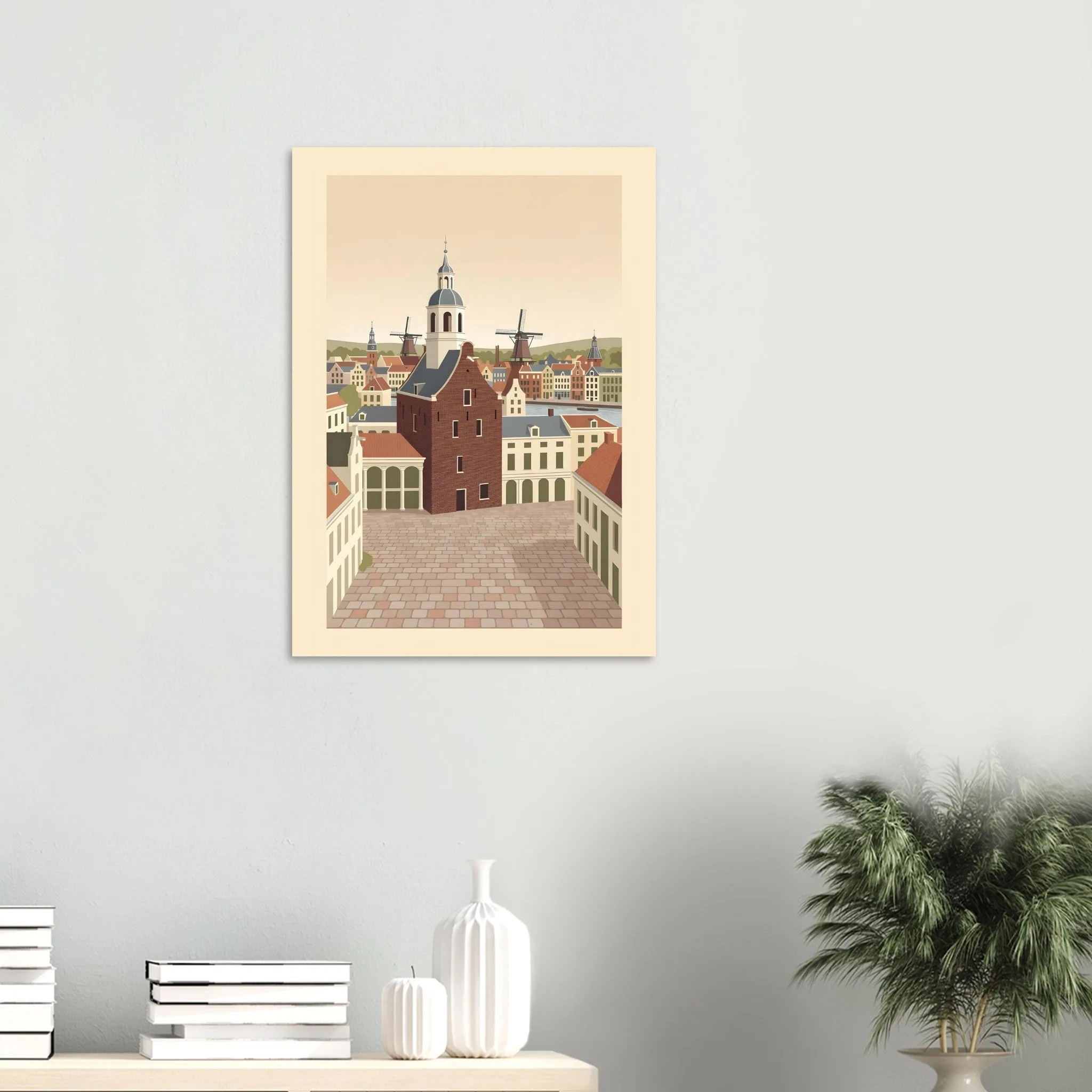 Flat vector illustration poster of Schiedam — warm minimalist design, from €19