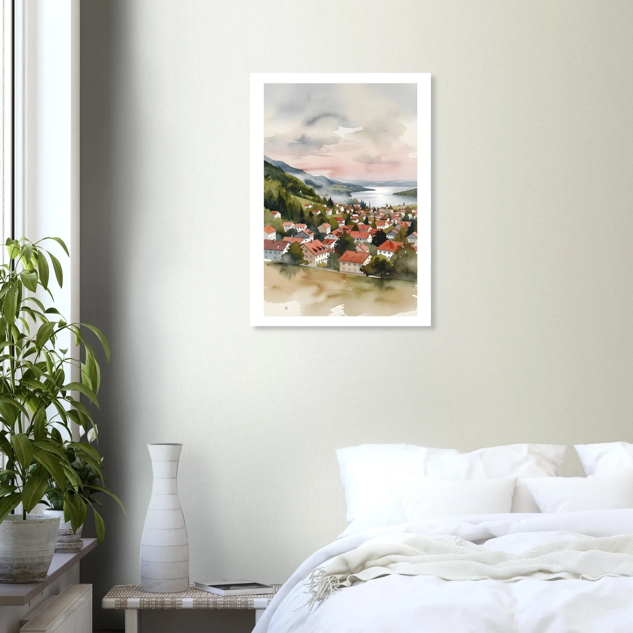 Watercolour landscape poster of Dornbirn — warm minimalist design, from €19