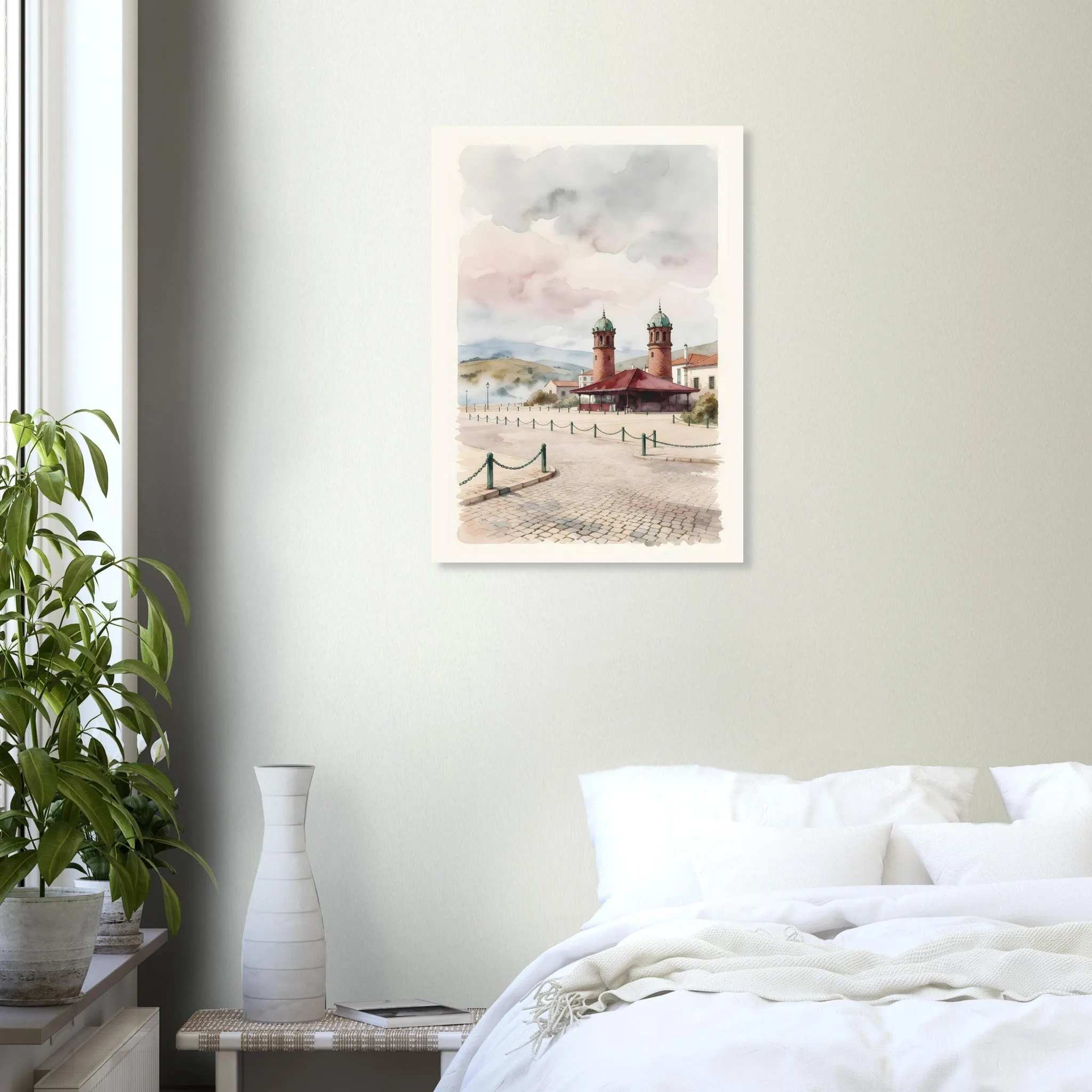 Watercolour landscape poster of Olhão — warm minimalist design, from €19